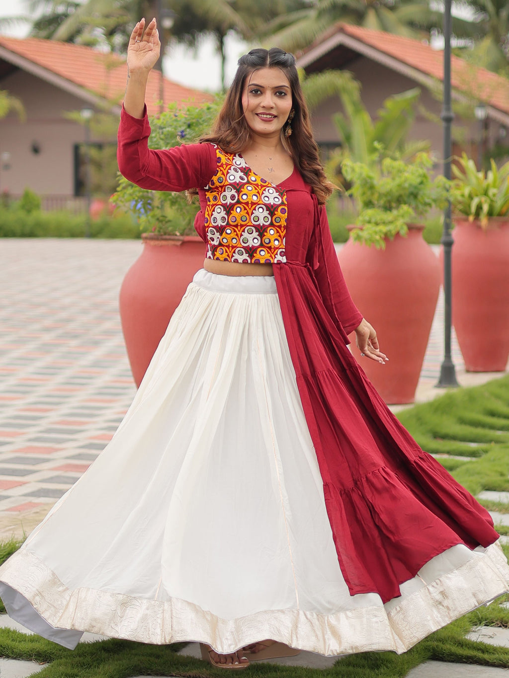 Maroon Cotton Gamthi Work Mirror Embroidery Crop Top Lehenga Choli