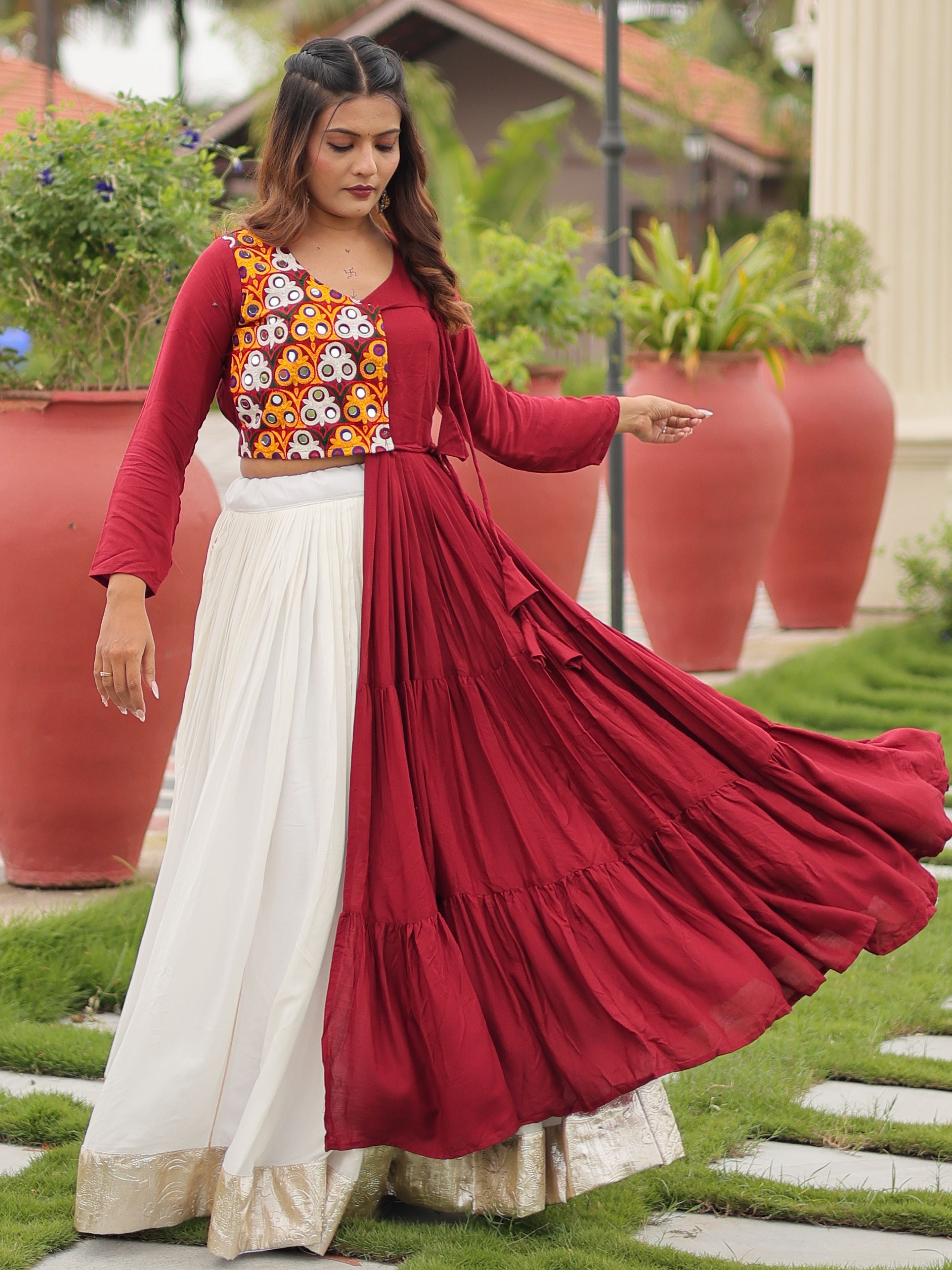 Maroon Cotton Gamthi Work Mirror Embroidery Crop Top Lehenga Choli