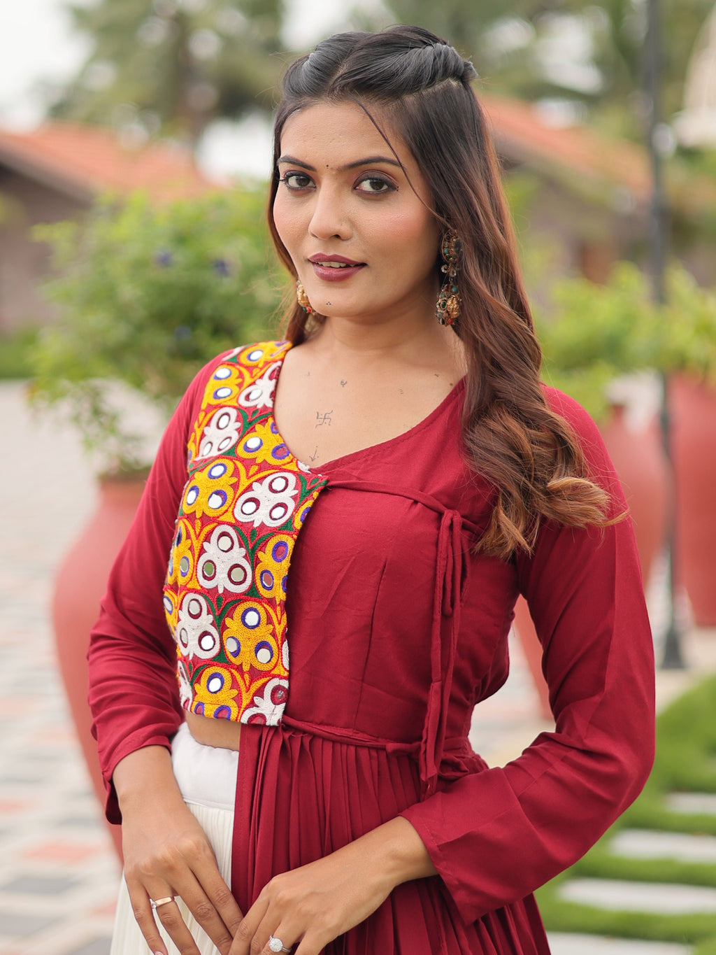 Maroon Cotton Gamthi Work Mirror Embroidery Crop Top Lehenga Choli