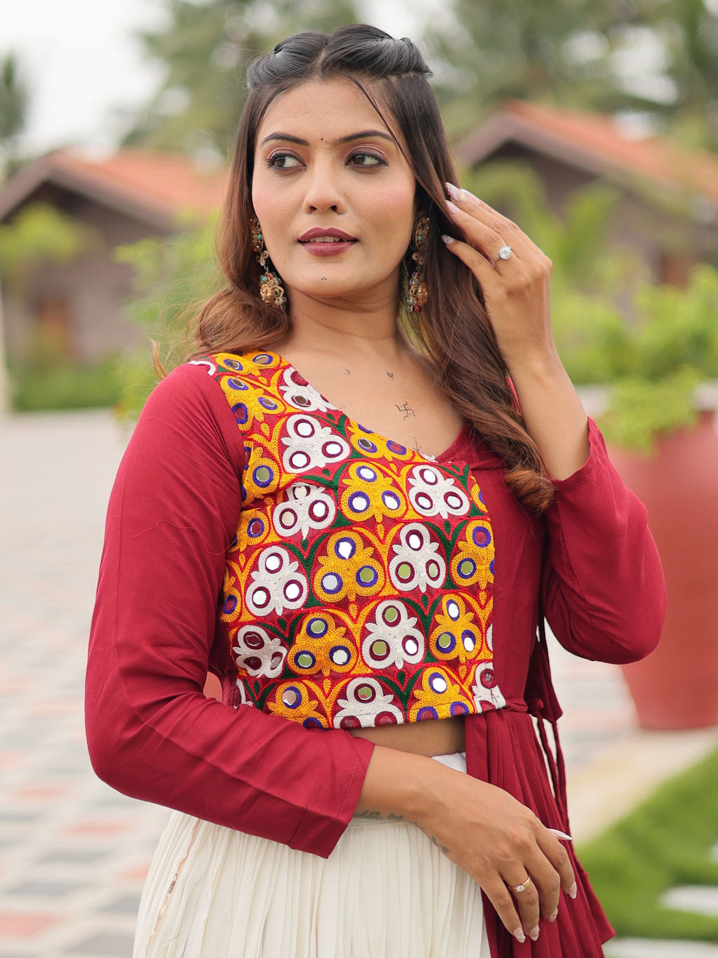 Maroon Cotton Gamthi Work Mirror Embroidery Crop Top Lehenga Choli