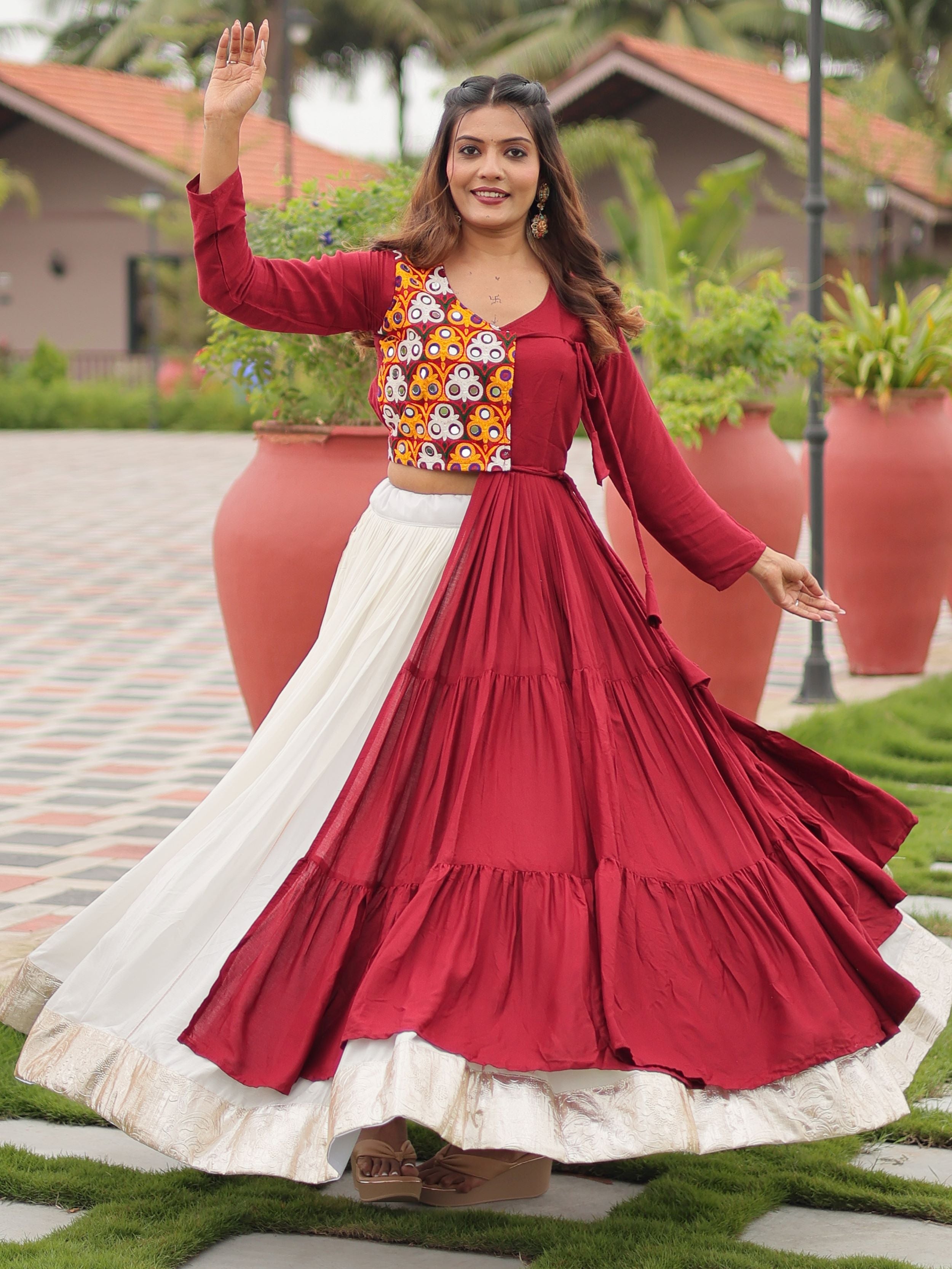 Maroon Cotton Gamthi Work Mirror Embroidery Crop Top Lehenga Choli