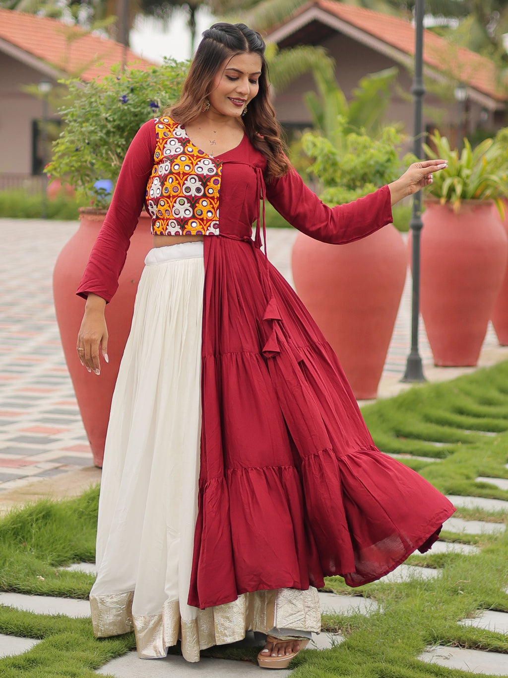 Maroon Cotton Gamthi Work Mirror Embroidery Crop Top Lehenga Choli