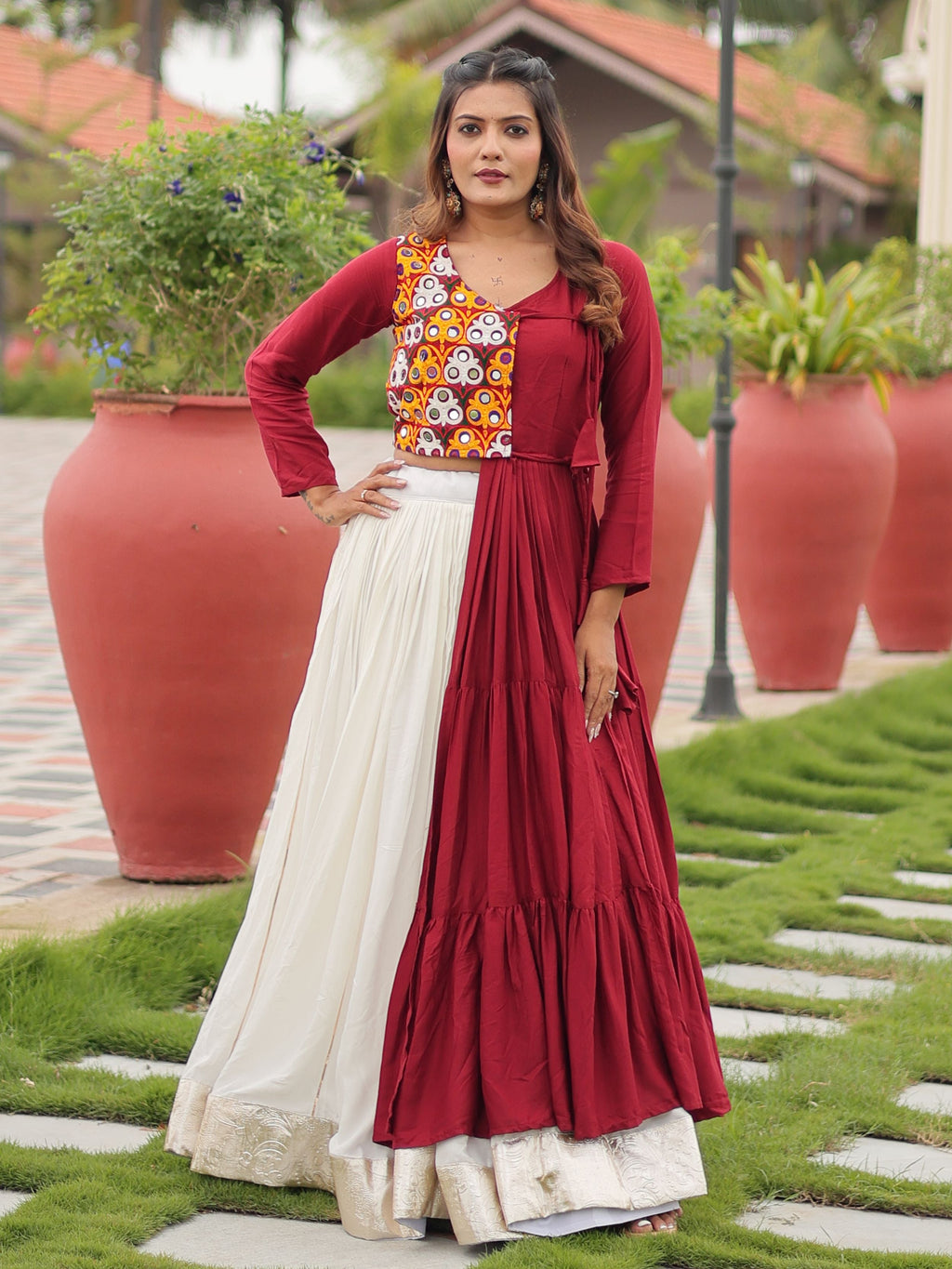 Maroon Cotton Gamthi Work Mirror Embroidery Crop Top Lehenga Choli