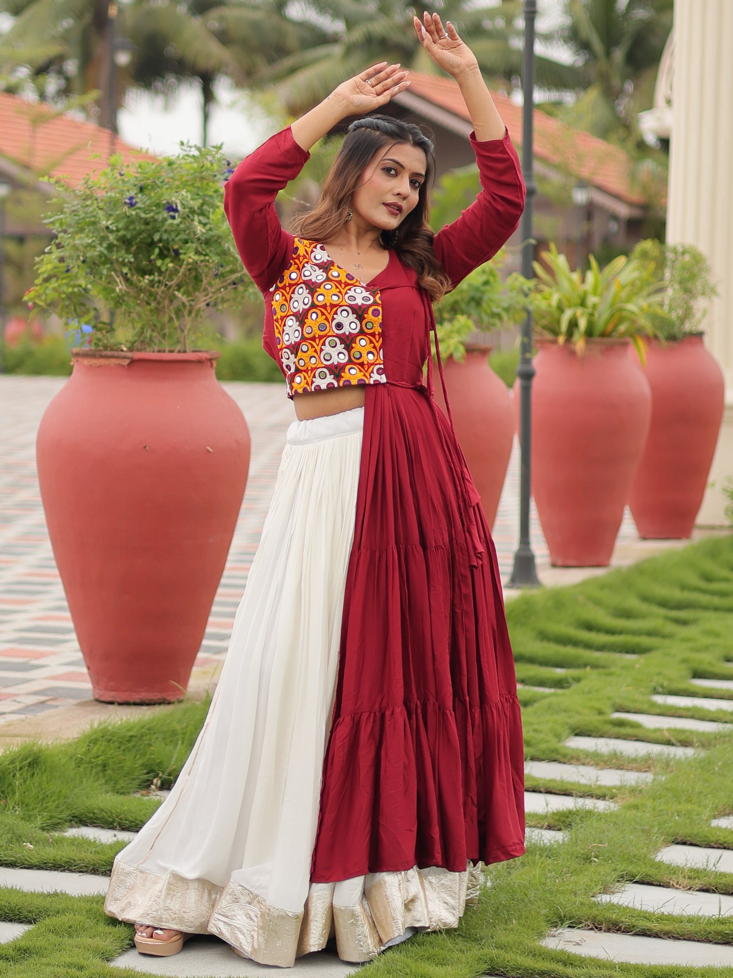 Maroon Cotton Gamthi Work Mirror Embroidery Crop Top Lehenga Choli