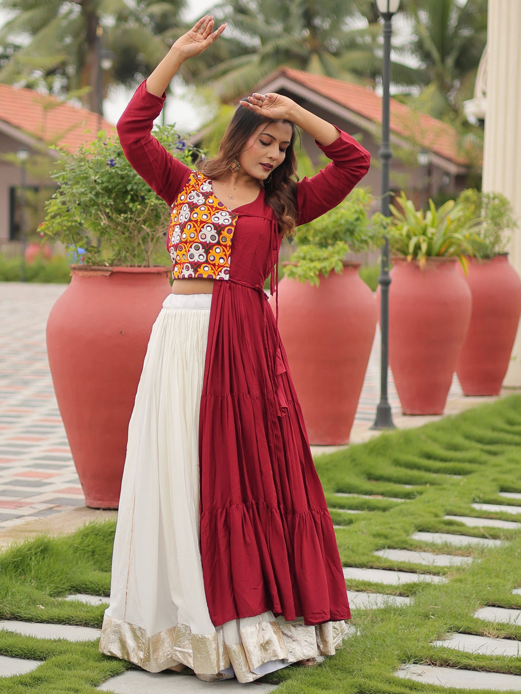 Maroon Cotton Gamthi Work Mirror Embroidery Crop Top Lehenga Choli