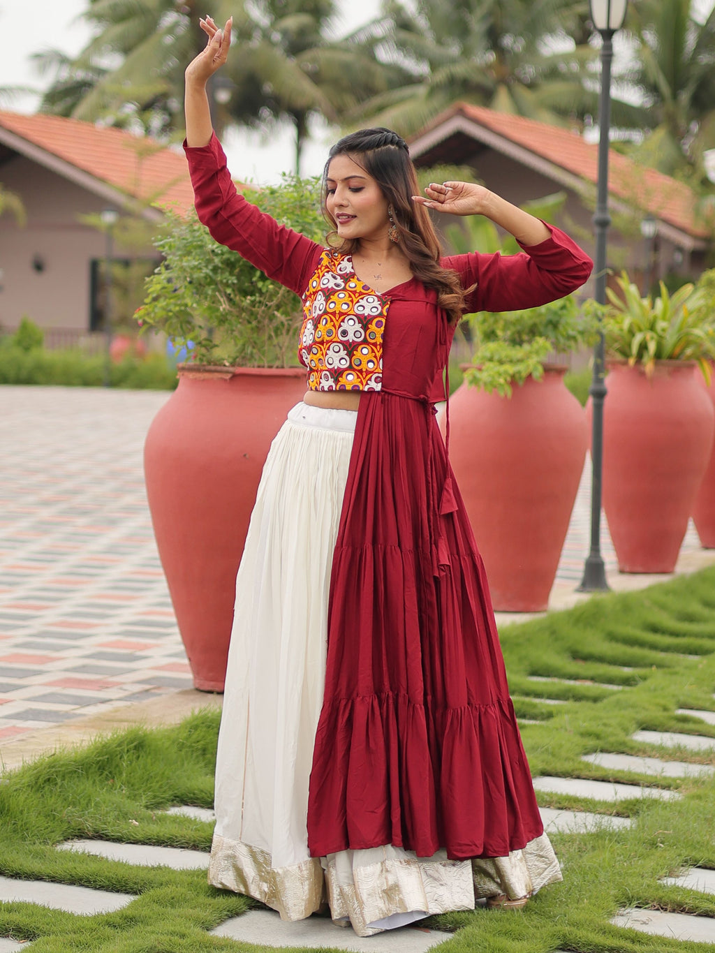 Maroon Cotton Gamthi Work Mirror Embroidery Crop Top Lehenga Choli