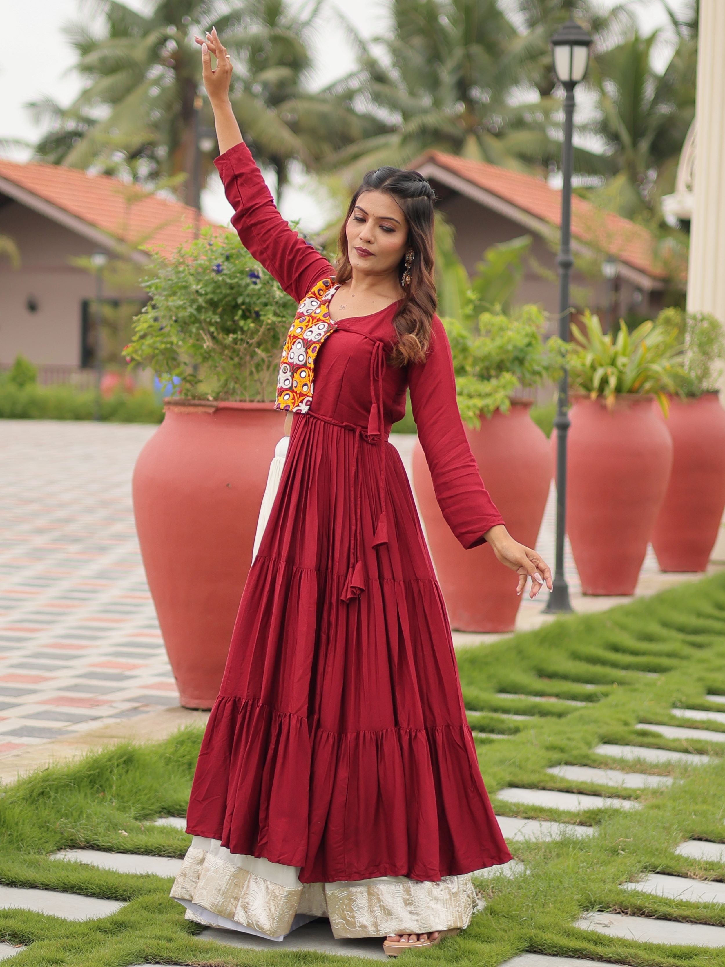 Maroon Cotton Gamthi Work Mirror Embroidery Crop Top Lehenga Choli