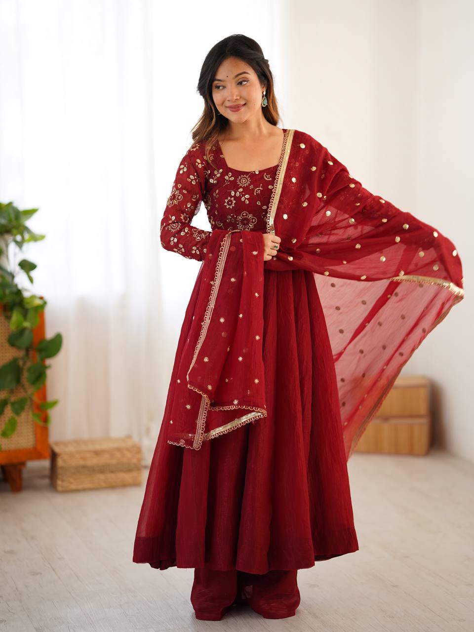 Maroon Crunchy Silk Embroidered Sequins Work Anarkali Suit