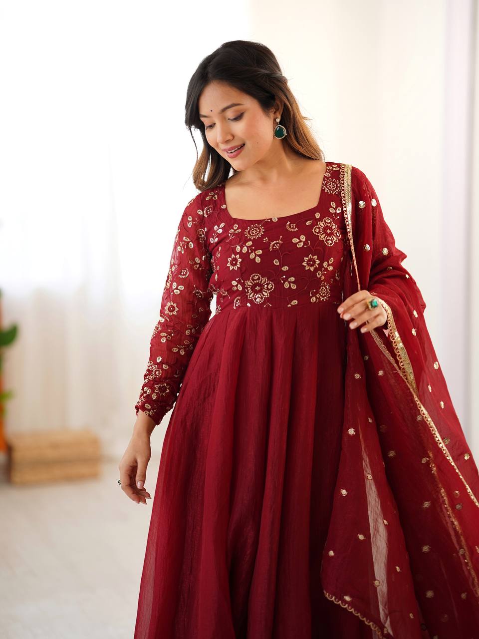 Maroon Crunchy Silk Embroidered Sequins Work Anarkali Suit
