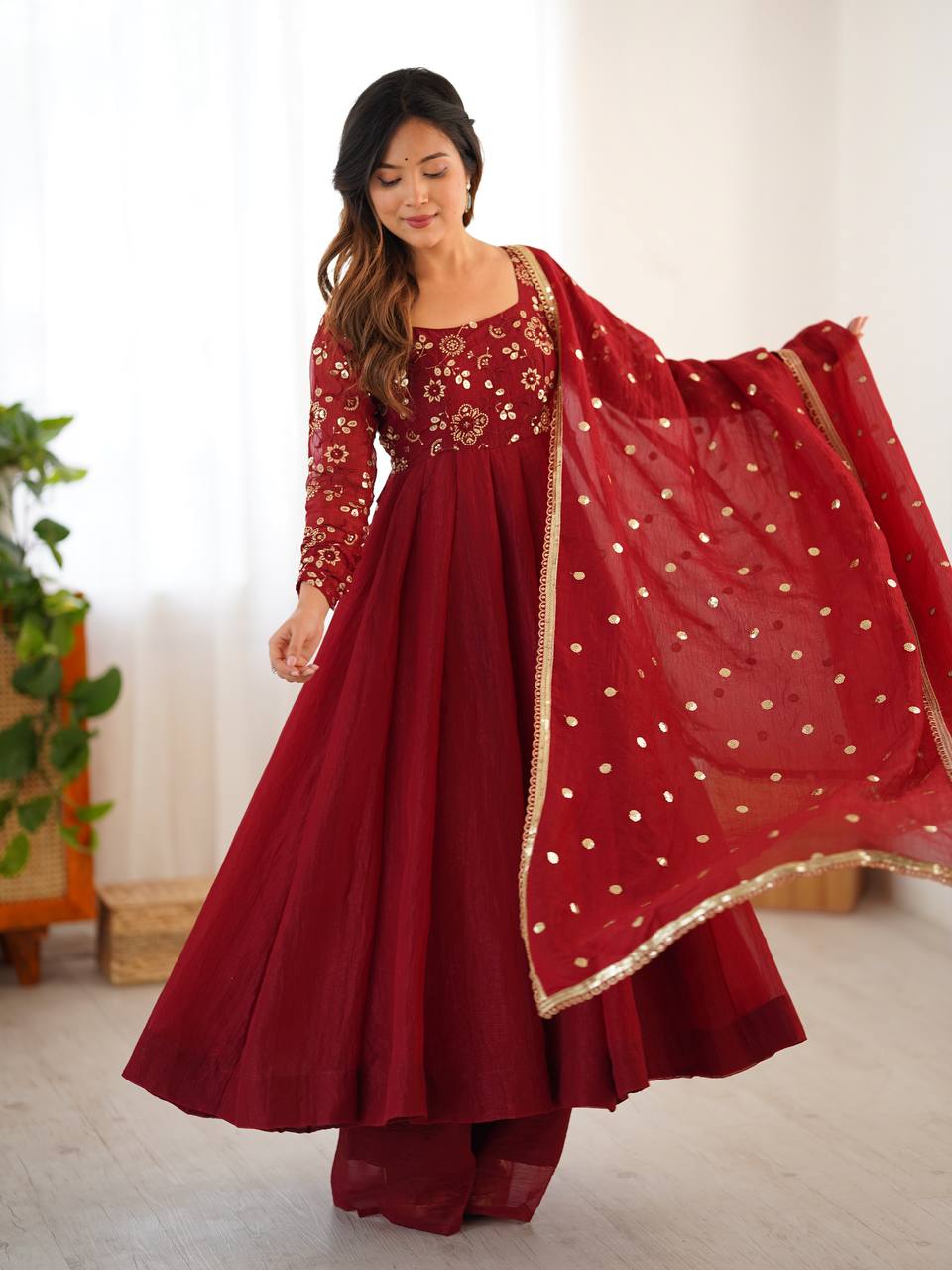 Maroon Crunchy Silk Embroidered Sequins Work Anarkali Suit