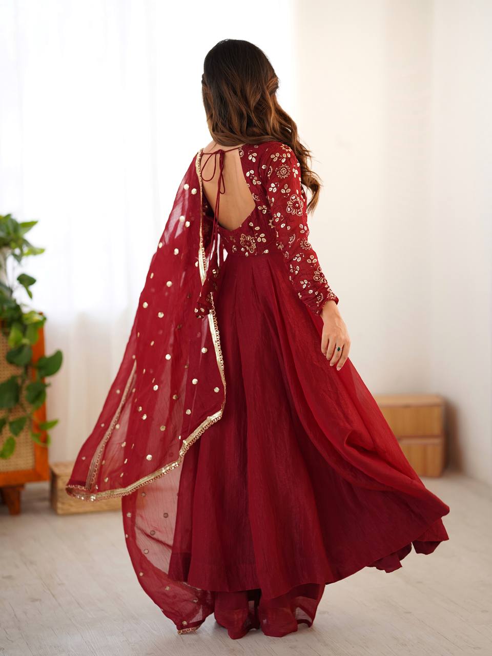 Maroon Crunchy Silk Embroidered Sequins Work Anarkali Suit