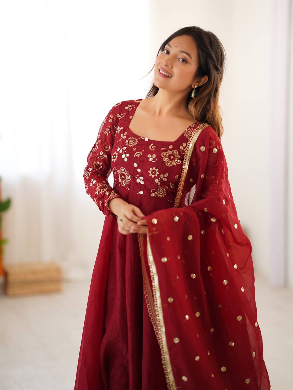 Maroon Crunchy Silk Embroidered Sequins Work Anarkali Suit