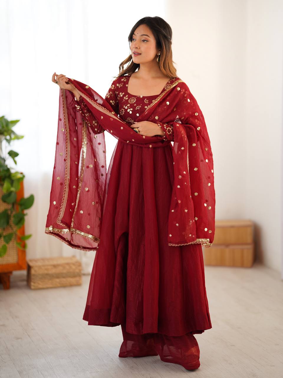 Maroon Crunchy Silk Embroidered Sequins Work Anarkali Suit