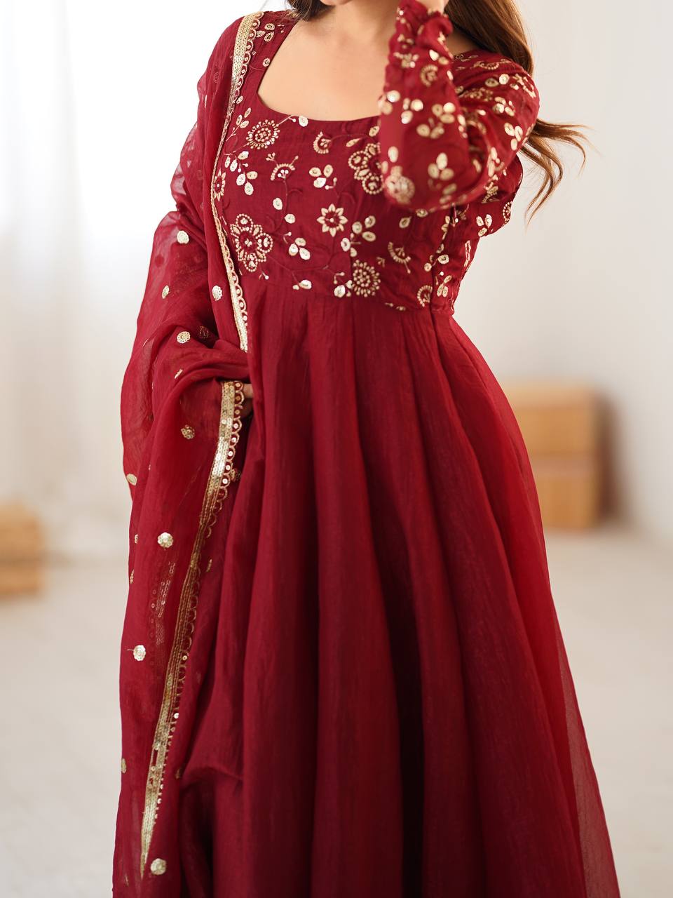 Maroon Crunchy Silk Embroidered Sequins Work Anarkali Suit
