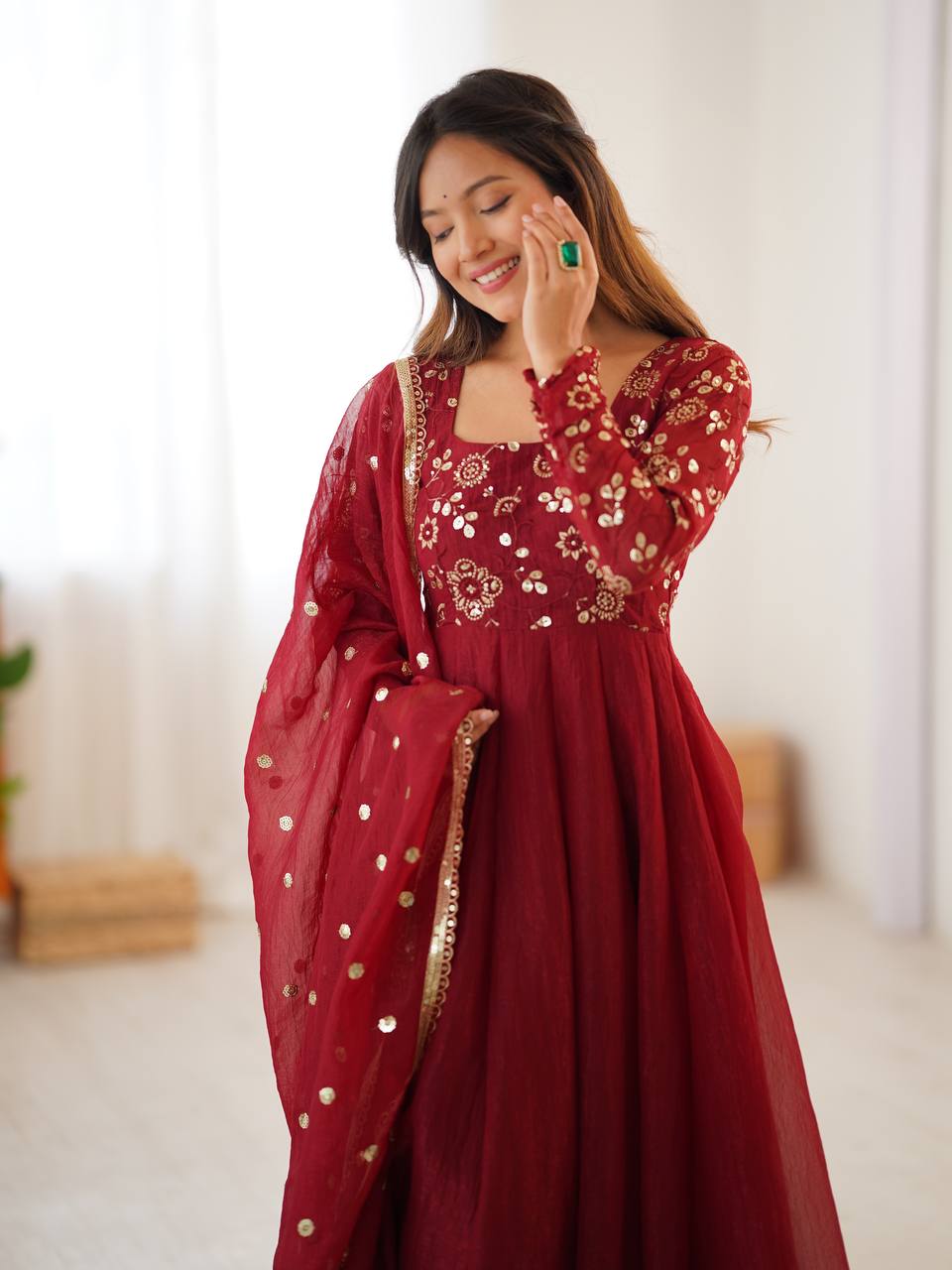Maroon Crunchy Silk Embroidered Sequins Work Anarkali Suit