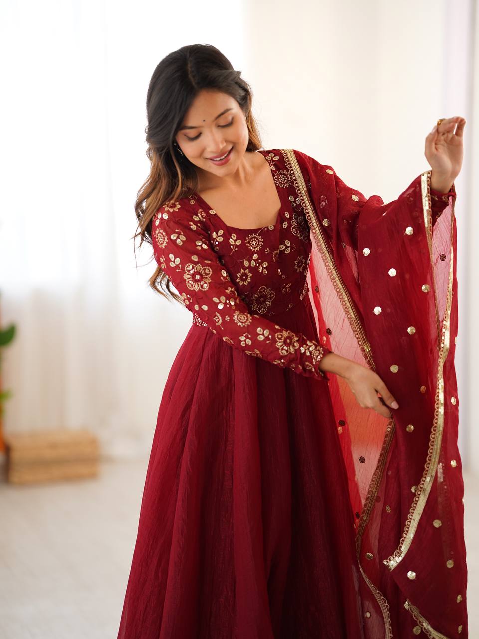 Maroon Crunchy Silk Embroidered Sequins Work Anarkali Suit