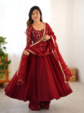 Maroon Crunchy Silk Embroidered Sequins Work Anarkali Suit