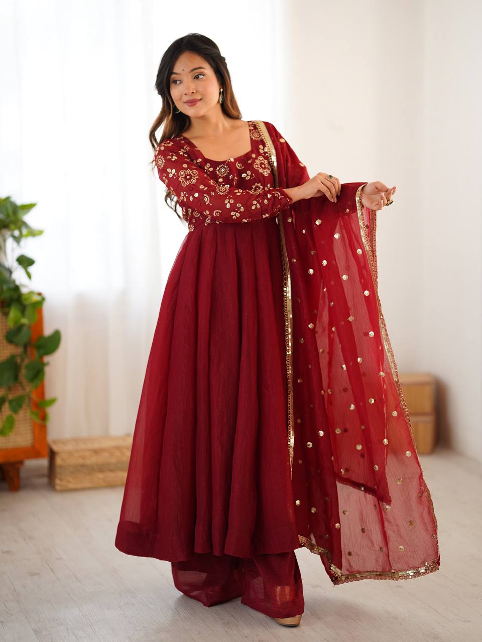 Maroon Crunchy Silk Embroidered Sequins Work Anarkali Suit