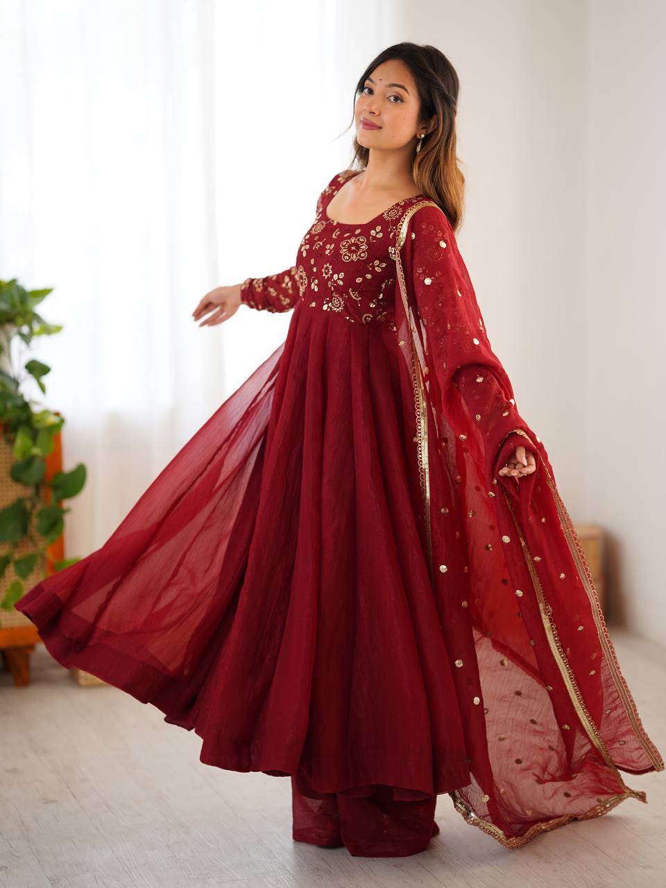 Maroon Crunchy Silk Embroidered Sequins Work Anarkali Suit