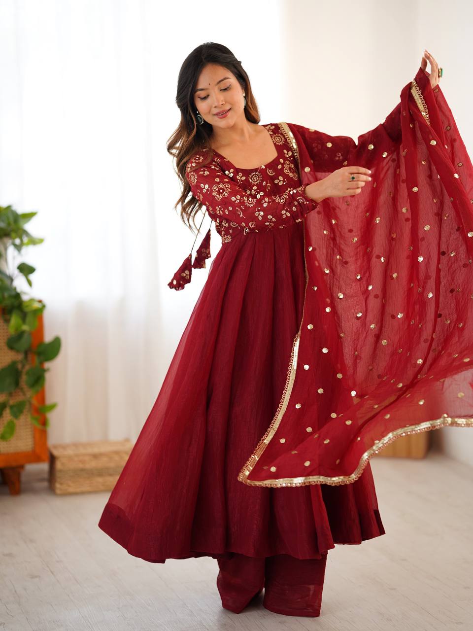 Maroon Crunchy Silk Embroidered Sequins Work Anarkali Suit