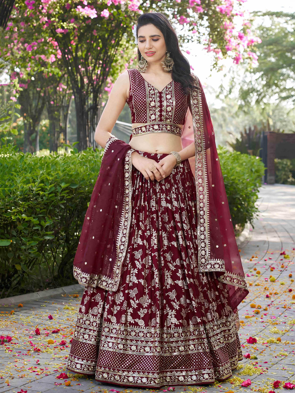 Maroon Dola silk jacquard embroidered lehenga choli with dupatta