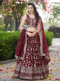 Maroon Dola silk jacquard embroidered lehenga choli with dupatta
