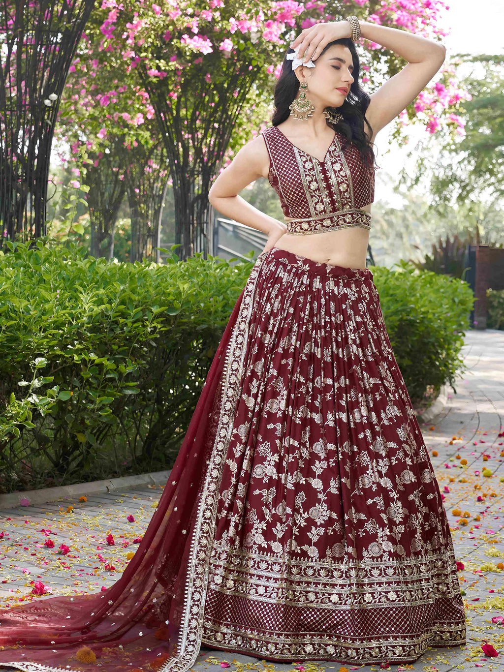 Maroon Dola silk jacquard embroidered lehenga choli with dupatta