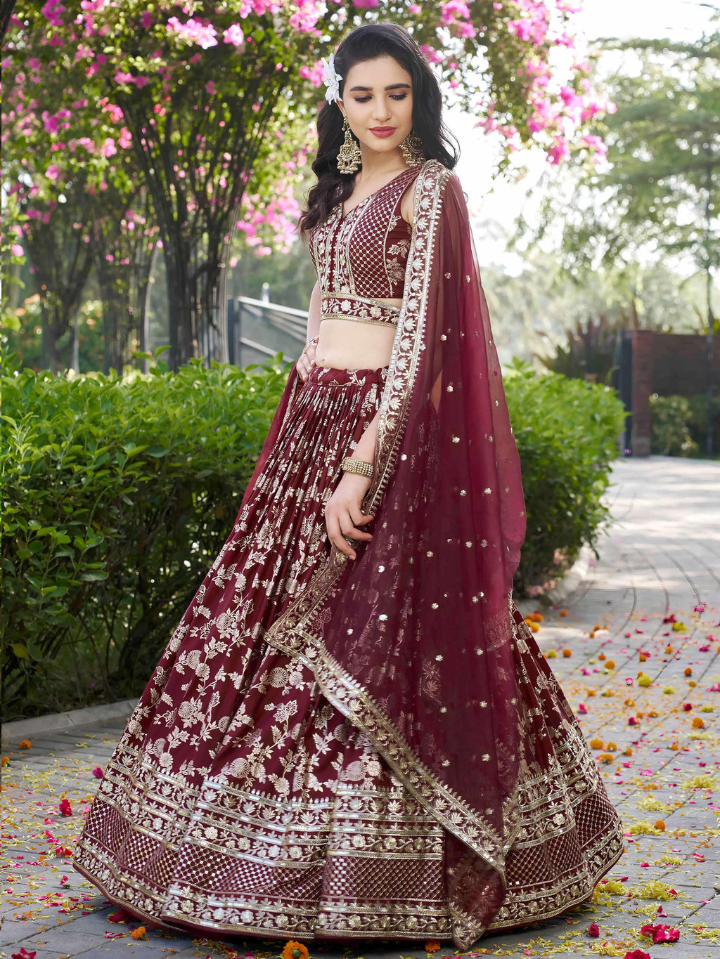 Maroon Dola silk jacquard embroidered lehenga choli with dupatta