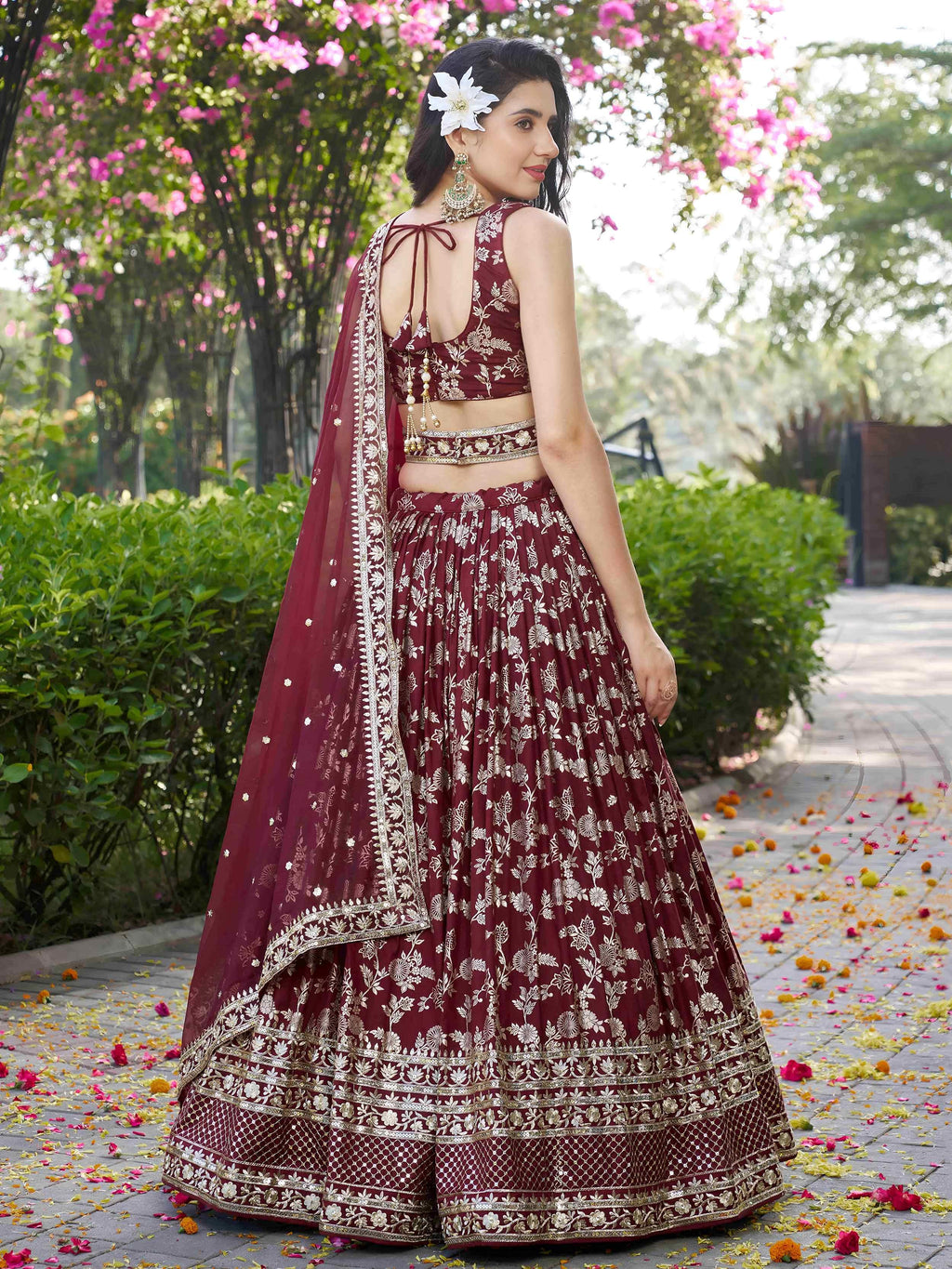 Maroon Dola silk jacquard embroidered lehenga choli with dupatta