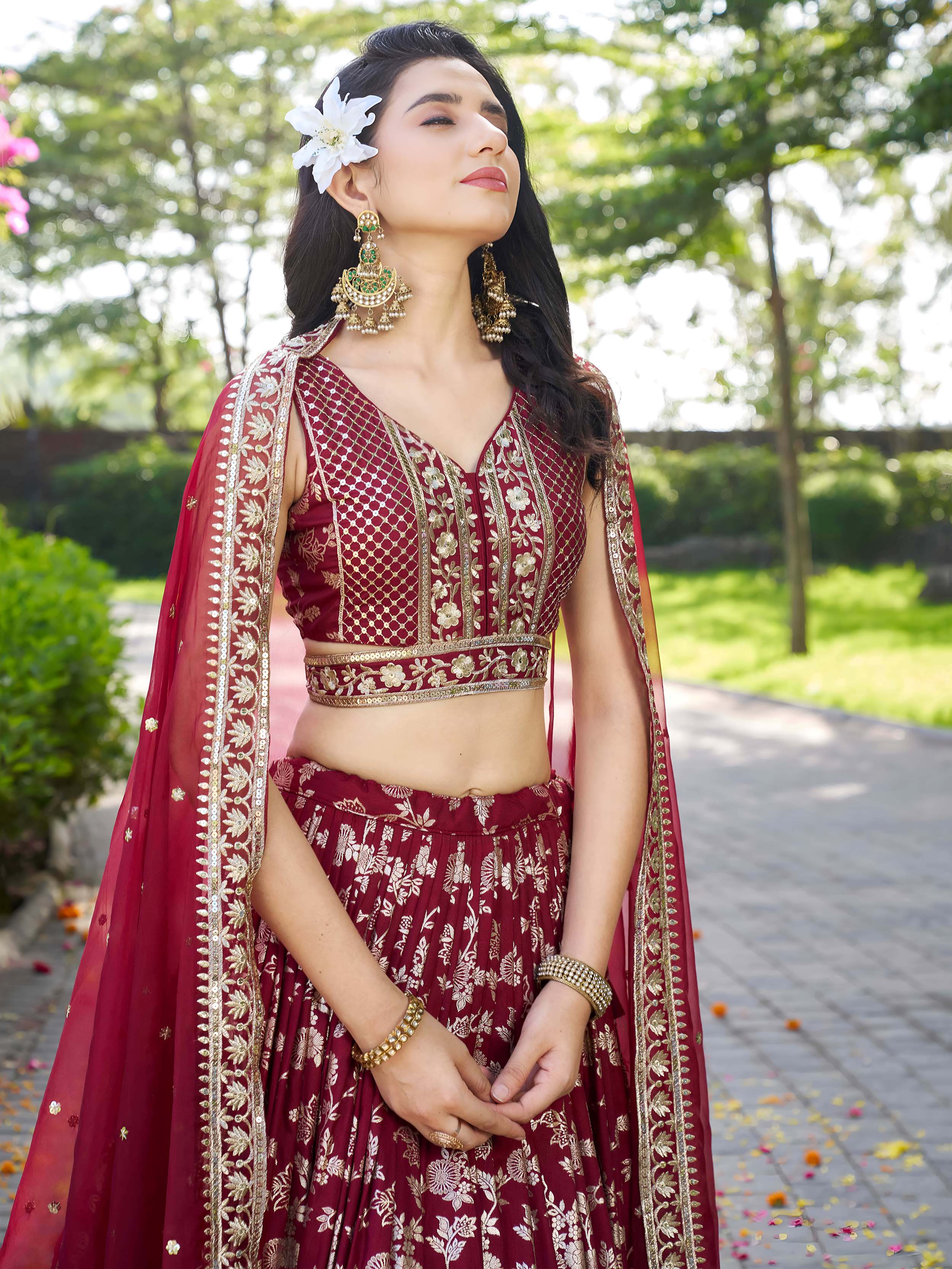 Maroon Dola silk jacquard embroidered lehenga choli with dupatta