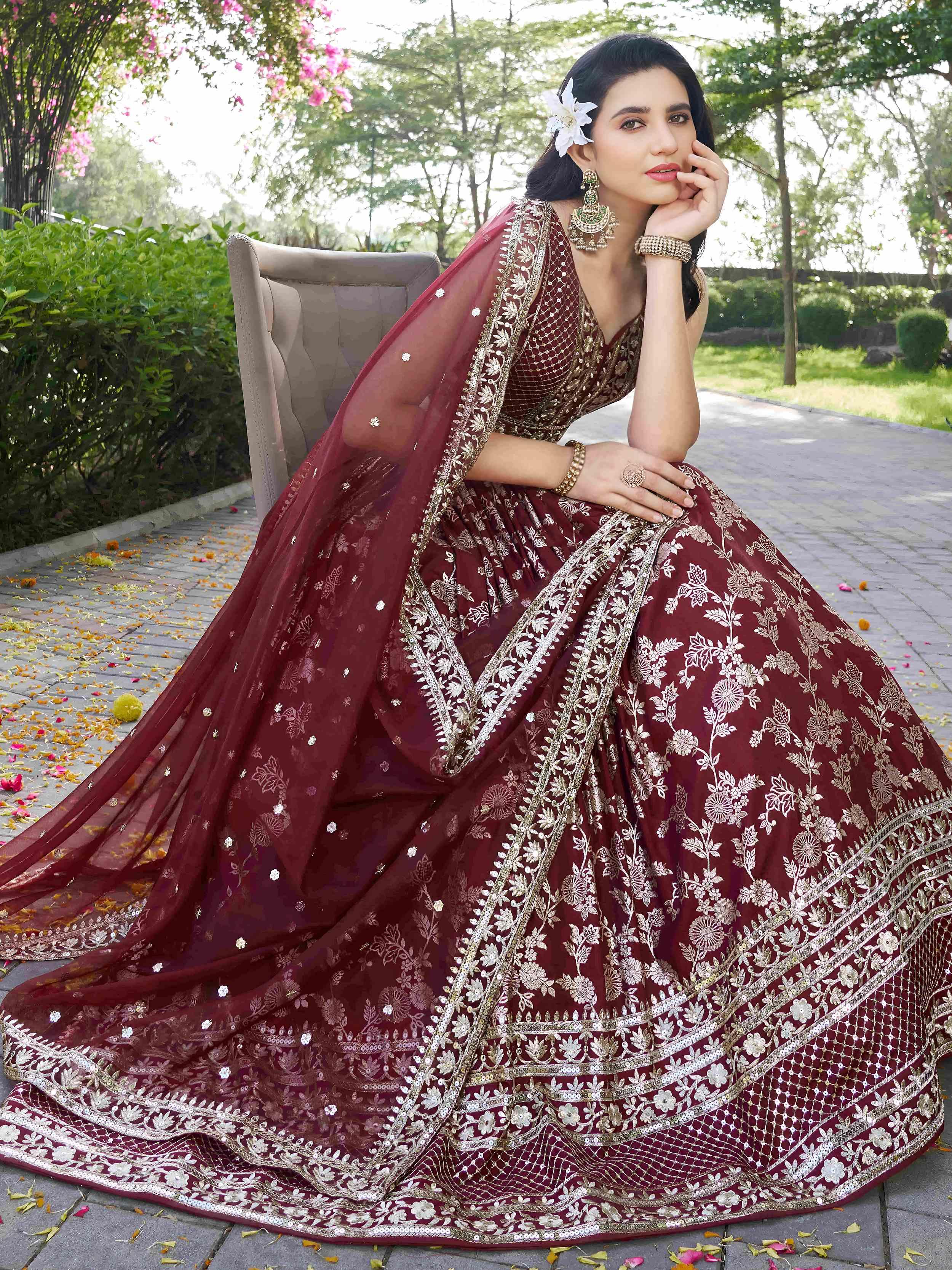 Maroon Dola silk jacquard embroidered lehenga choli with dupatta