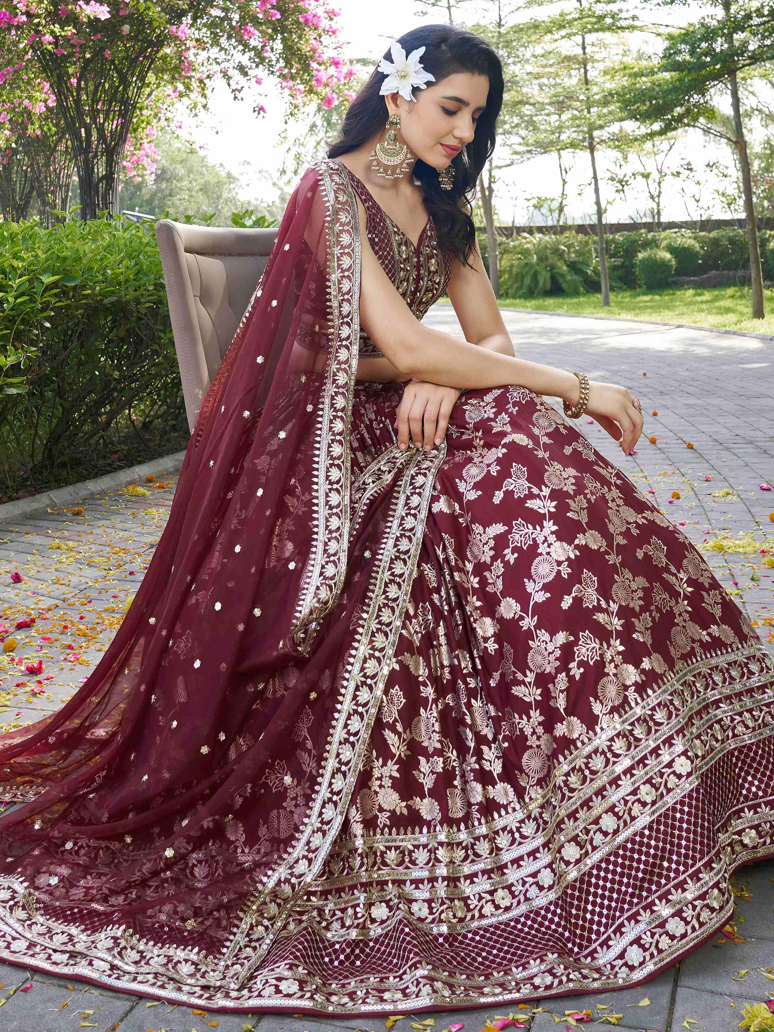 Maroon Dola silk jacquard embroidered lehenga choli with dupatta