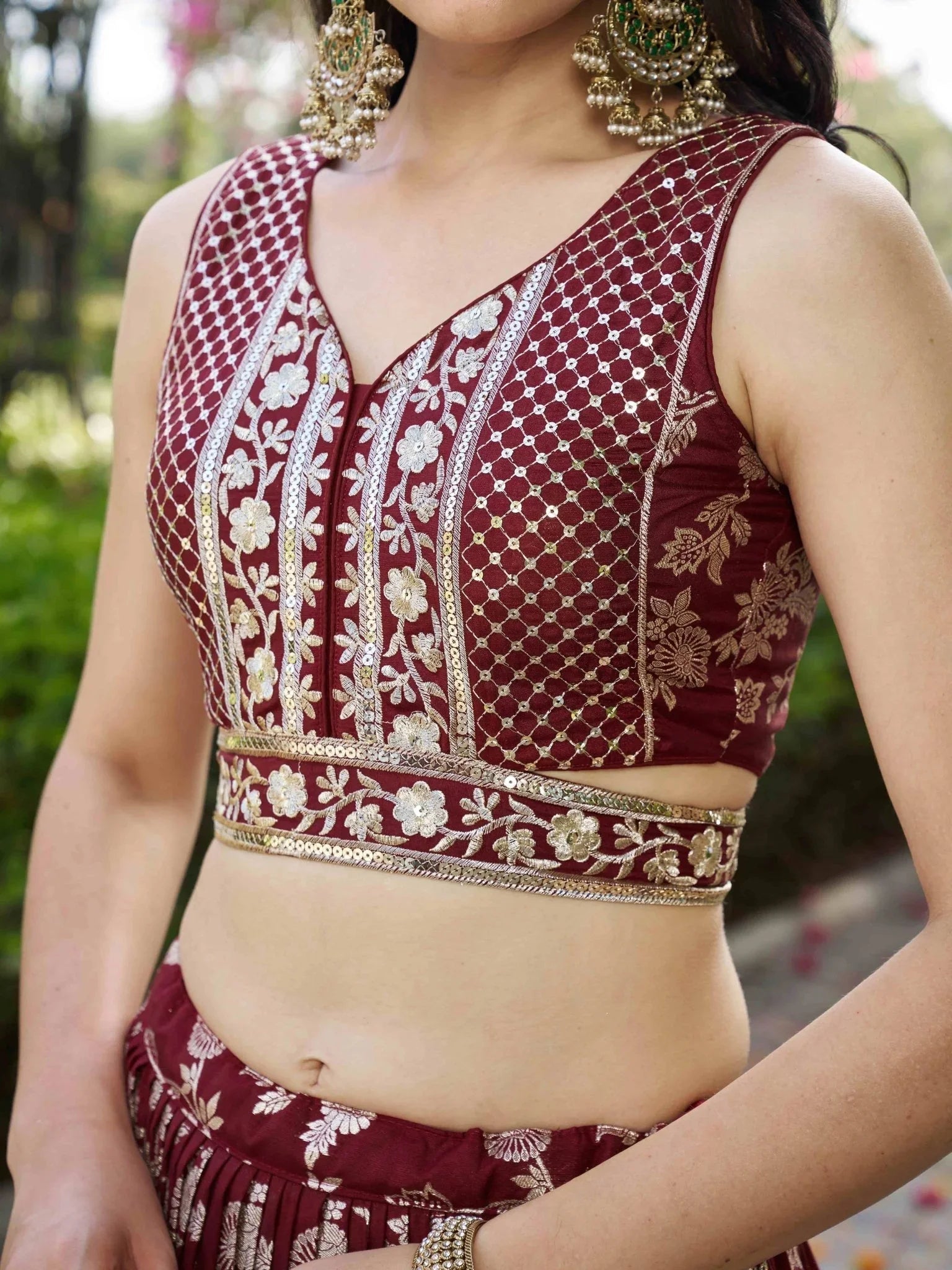 Maroon Dola silk jacquard embroidered lehenga choli with dupatta