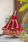 Rishita maroon faux blooming zari sequins embroidered gown with dupatta
