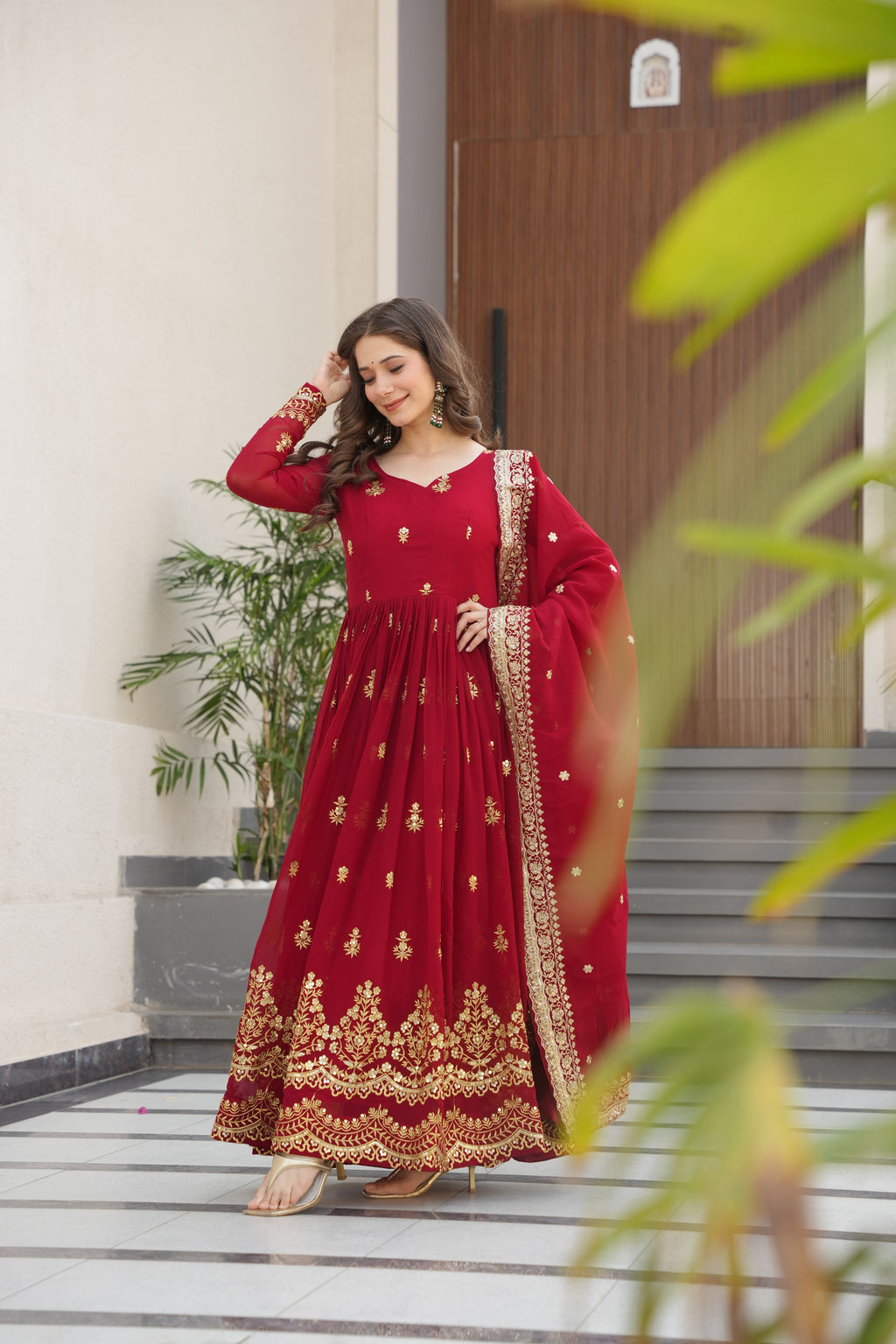 Rishita maroon faux blooming zari sequins embroidered gown with dupatta