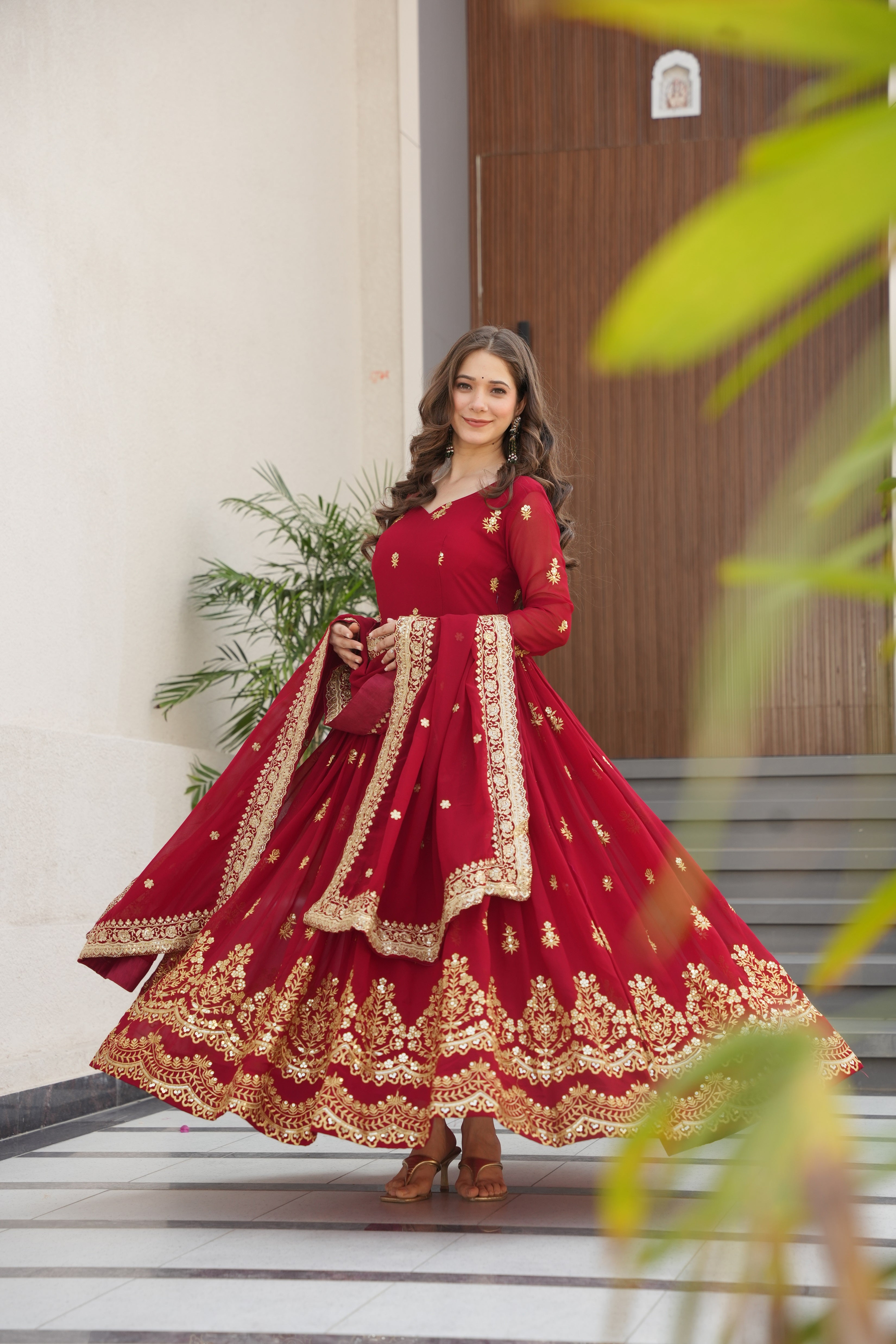 Rishita maroon faux blooming zari sequins embroidered gown with dupatta