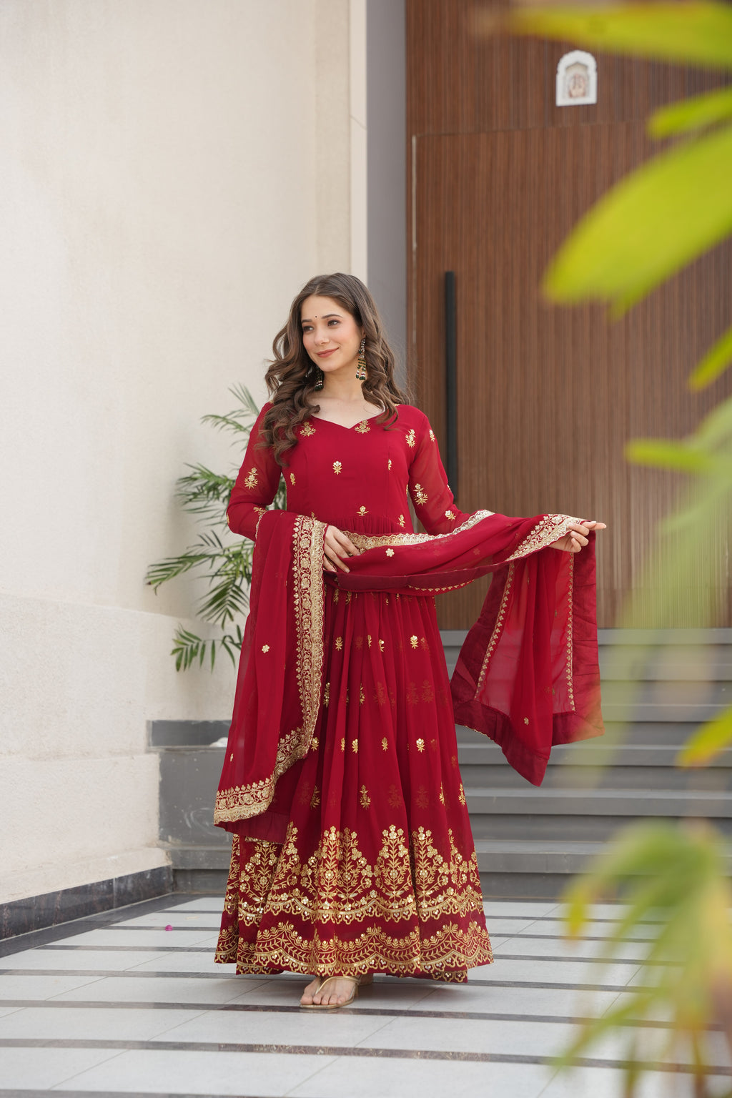 Rishita maroon faux blooming zari sequins embroidered gown with dupatta