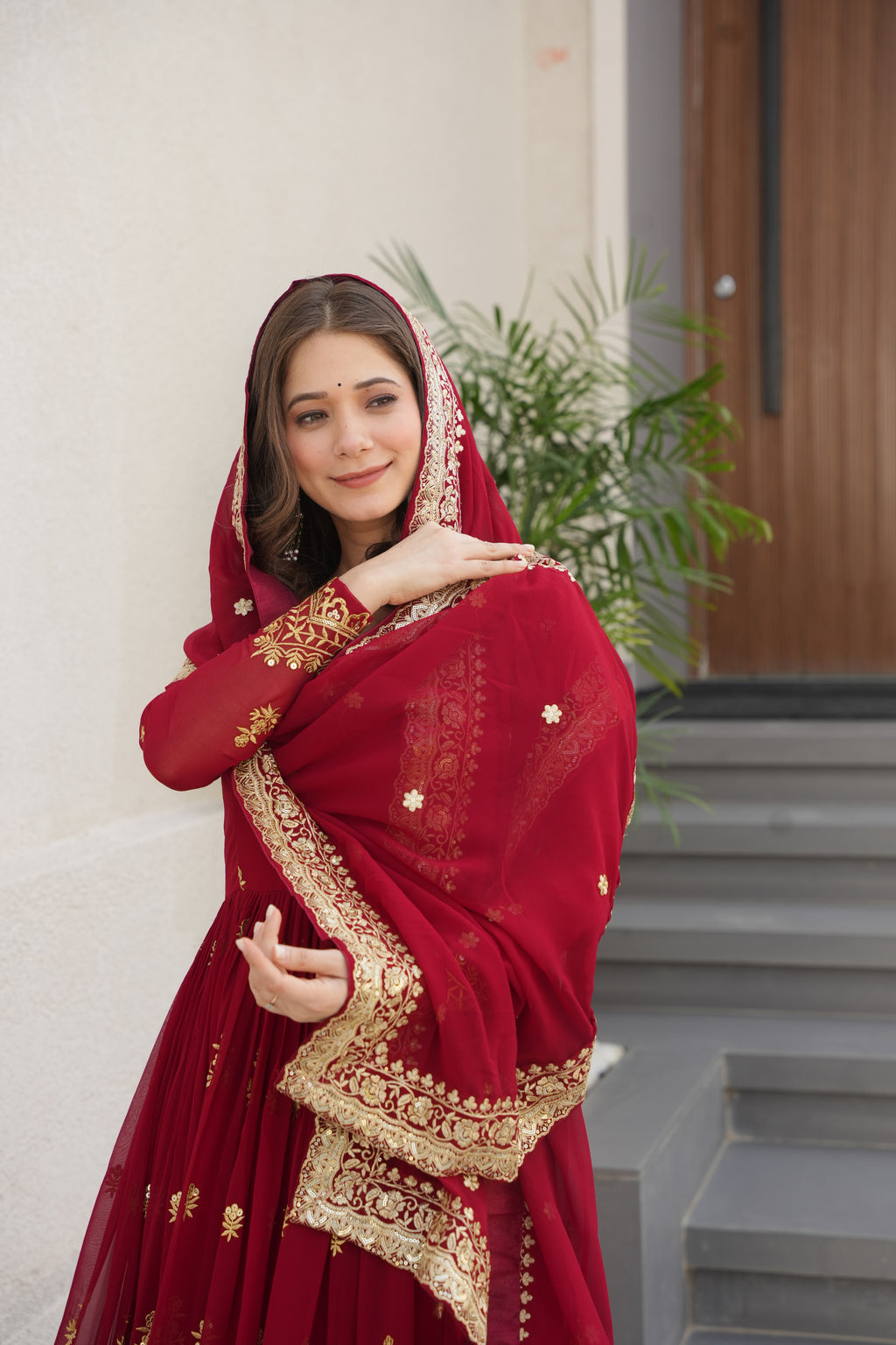 Rishita maroon faux blooming zari sequins embroidered gown with dupatta