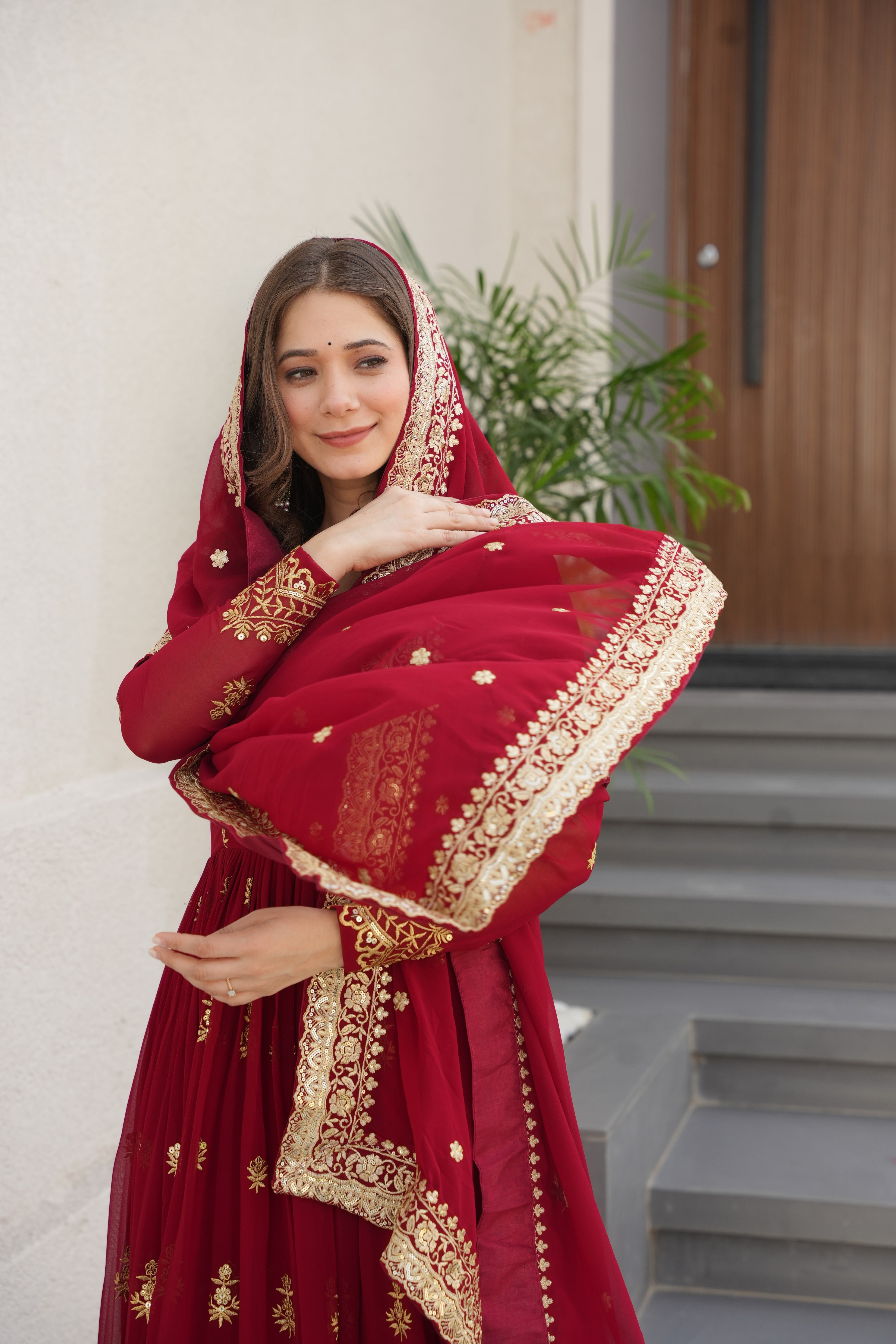Rishita maroon faux blooming zari sequins embroidered gown with dupatta