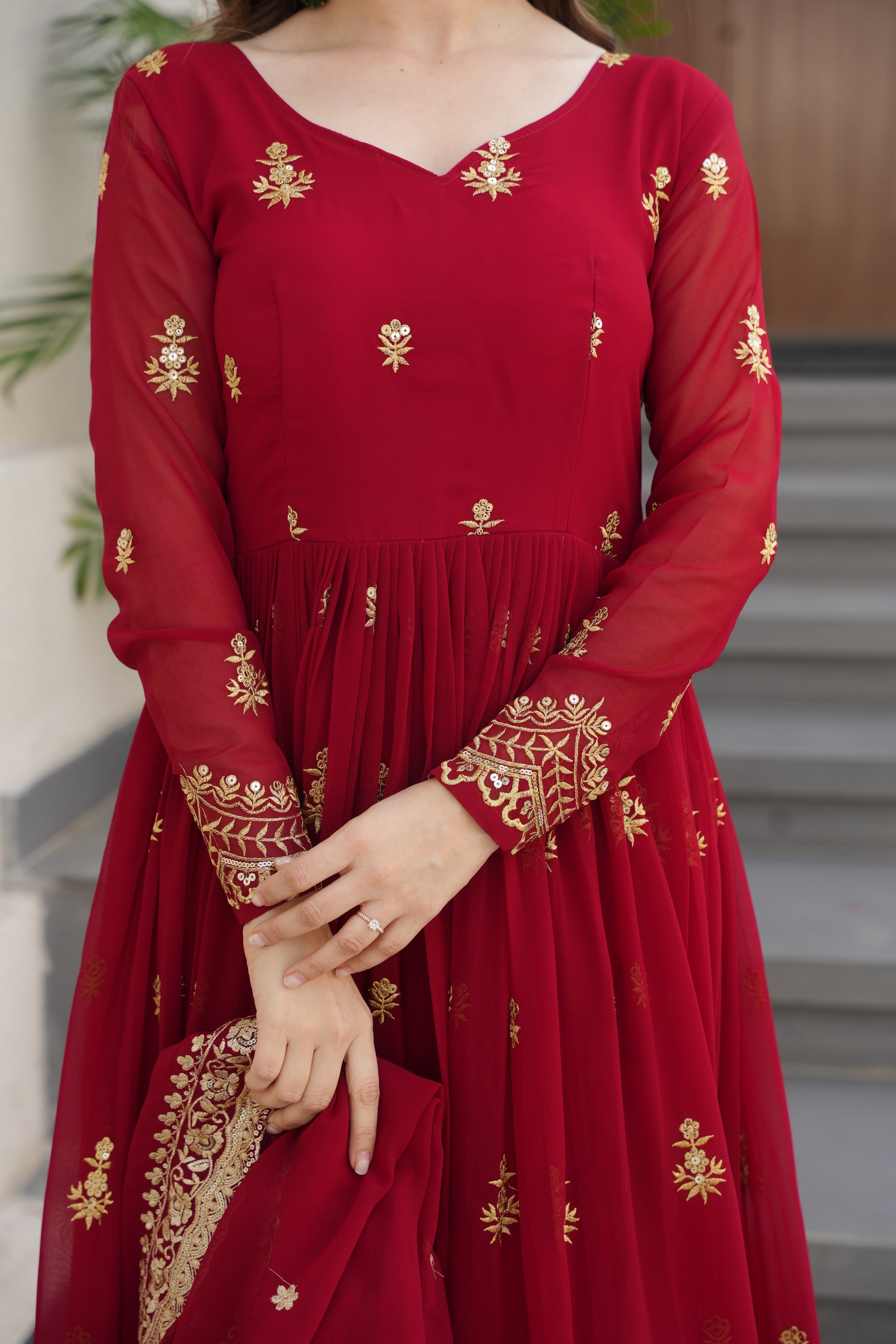 Rishita maroon faux blooming zari sequins embroidered gown with dupatta