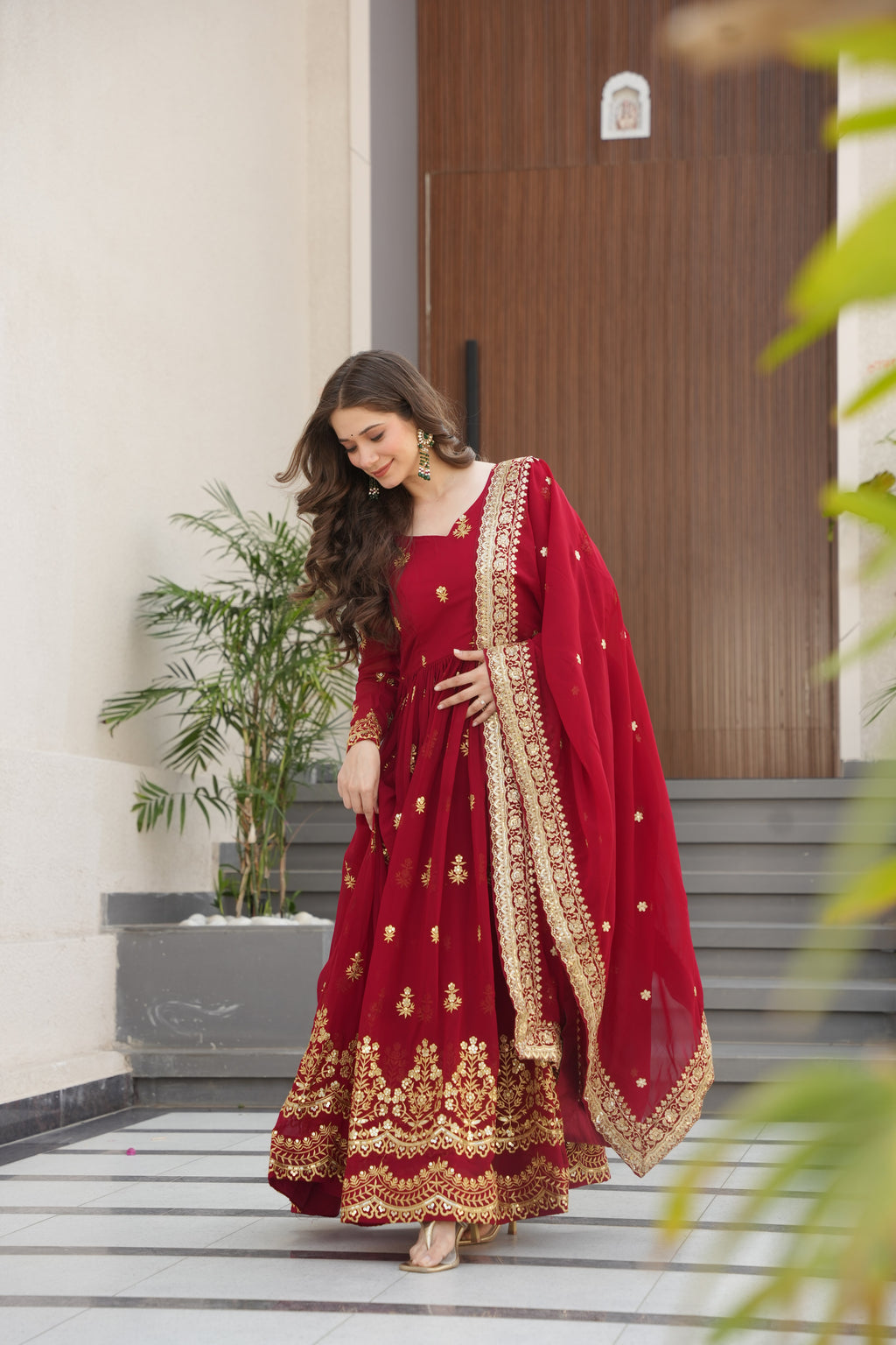 Rishita maroon faux blooming zari sequins embroidered gown with dupatta
