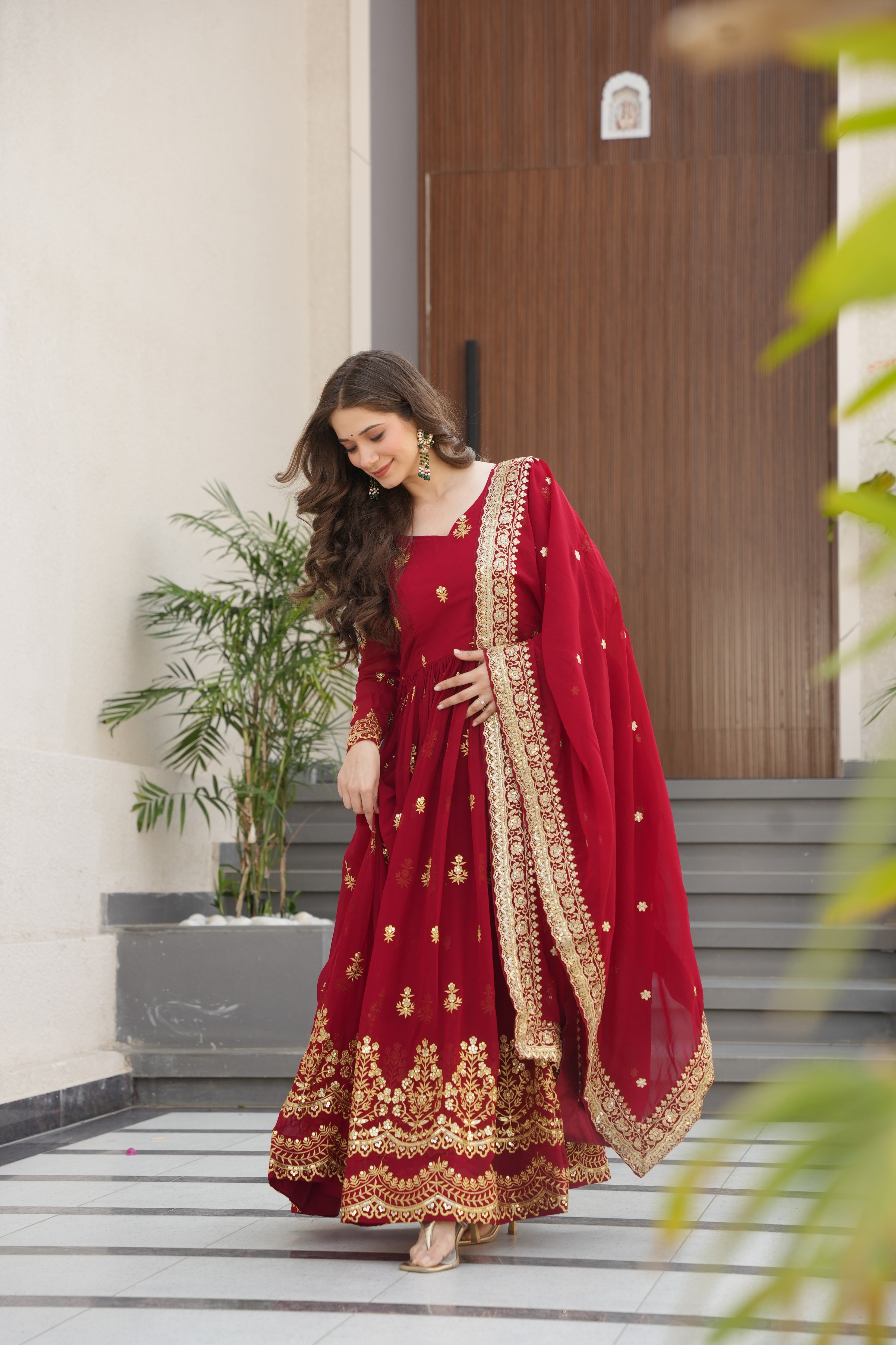 Rishita maroon faux blooming zari sequins embroidered gown with dupatta