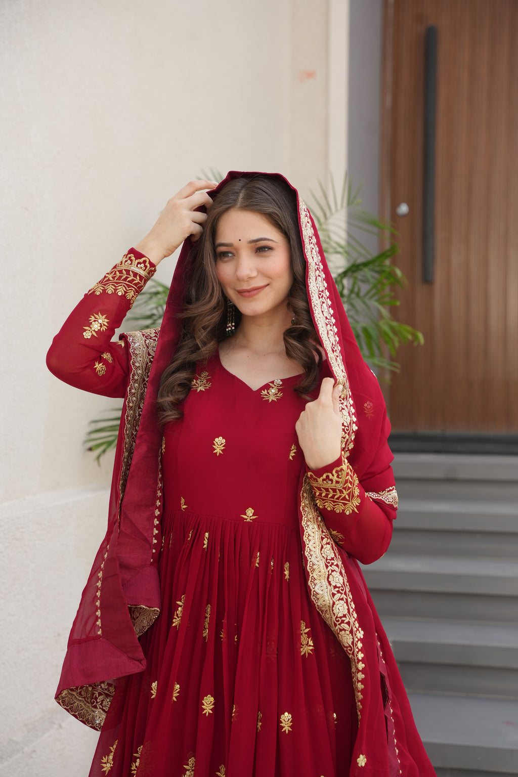 Rishita maroon faux blooming zari sequins embroidered gown with dupatta