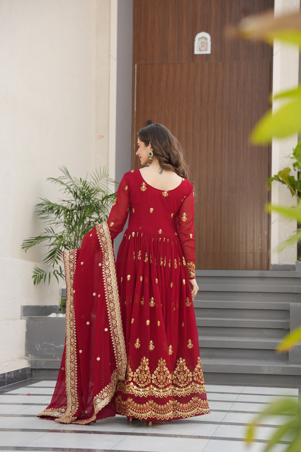 Rishita maroon faux blooming zari sequins embroidered gown with dupatta