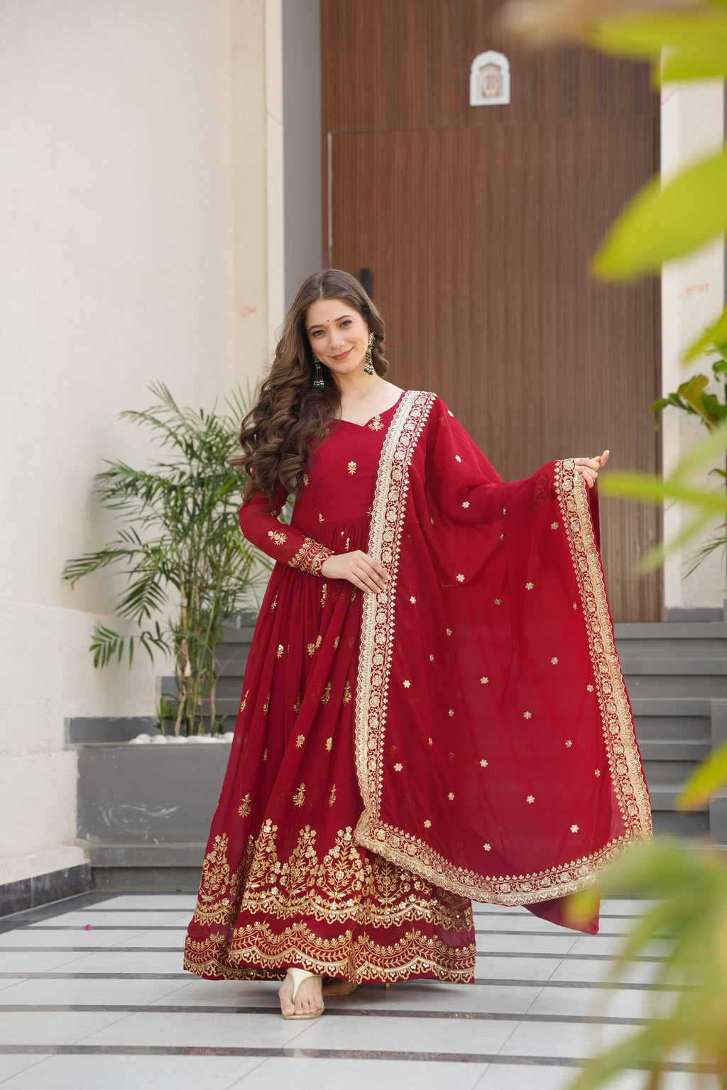 Rishita maroon faux blooming zari sequins embroidered gown with dupatta