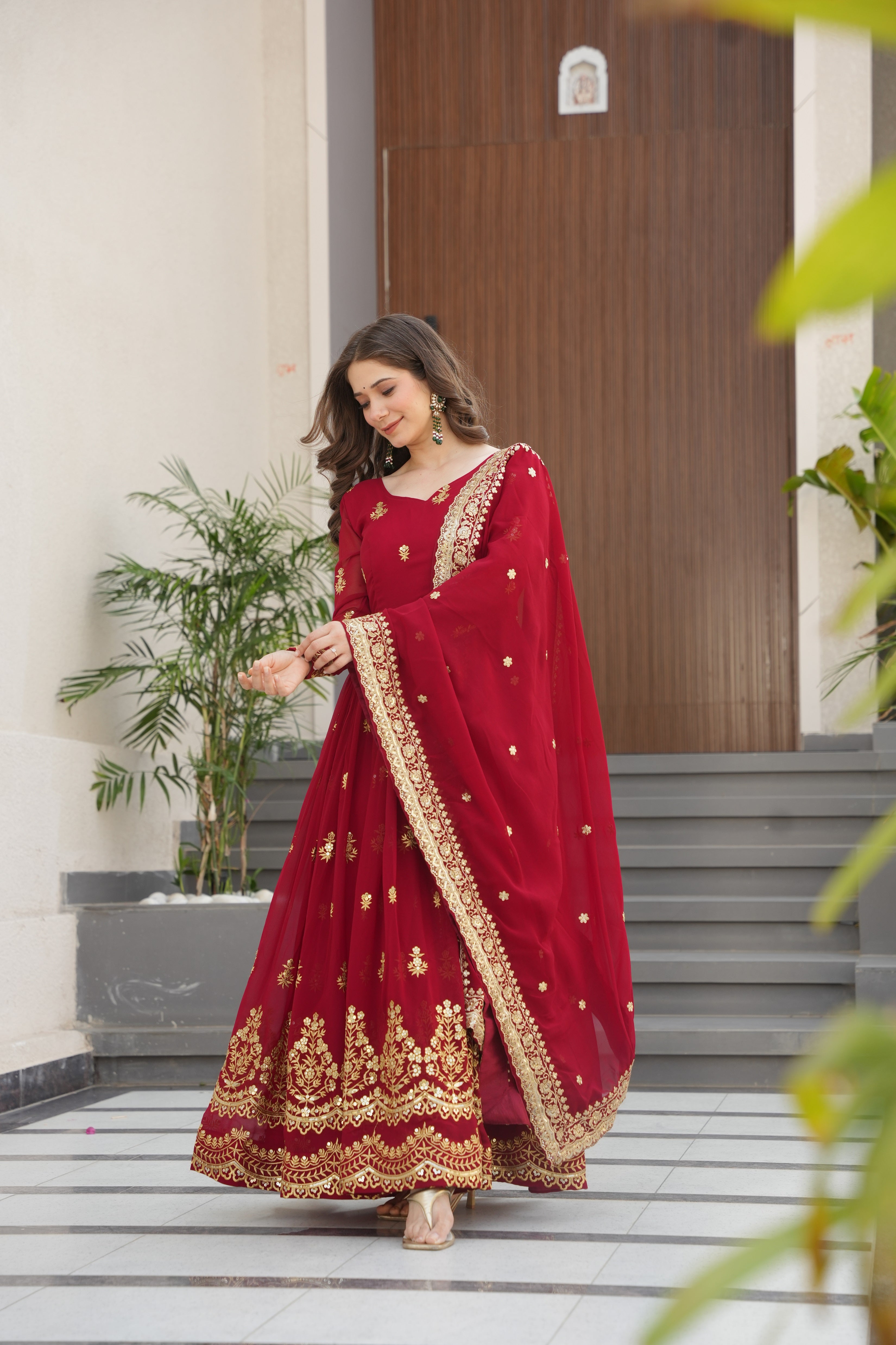 Rishita maroon faux blooming zari sequins embroidered gown with dupatta