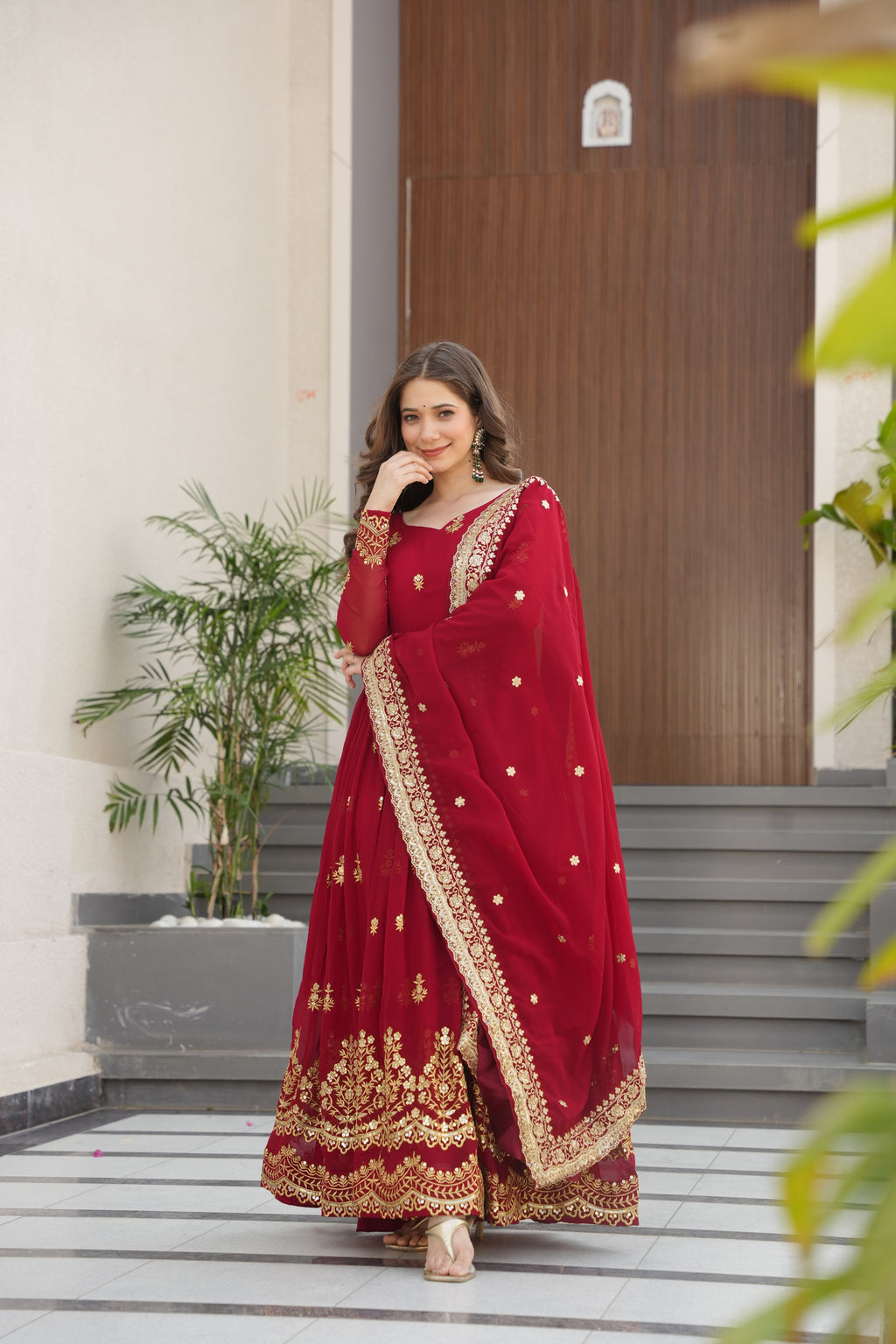 Rishita maroon faux blooming zari sequins embroidered gown with dupatta