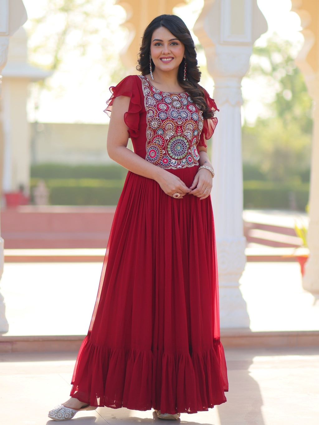 Maroon Georgette Multithread Beads and Sequins Embroidery Gown