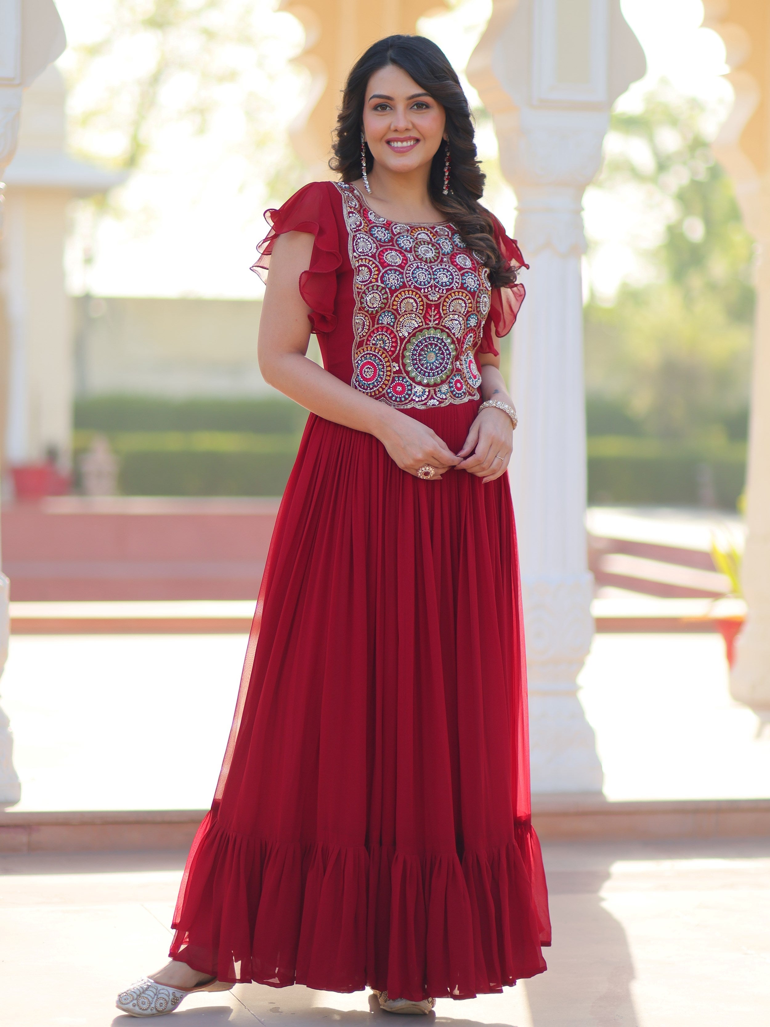 Maroon Georgette Multithread Beads and Sequins Embroidery Gown