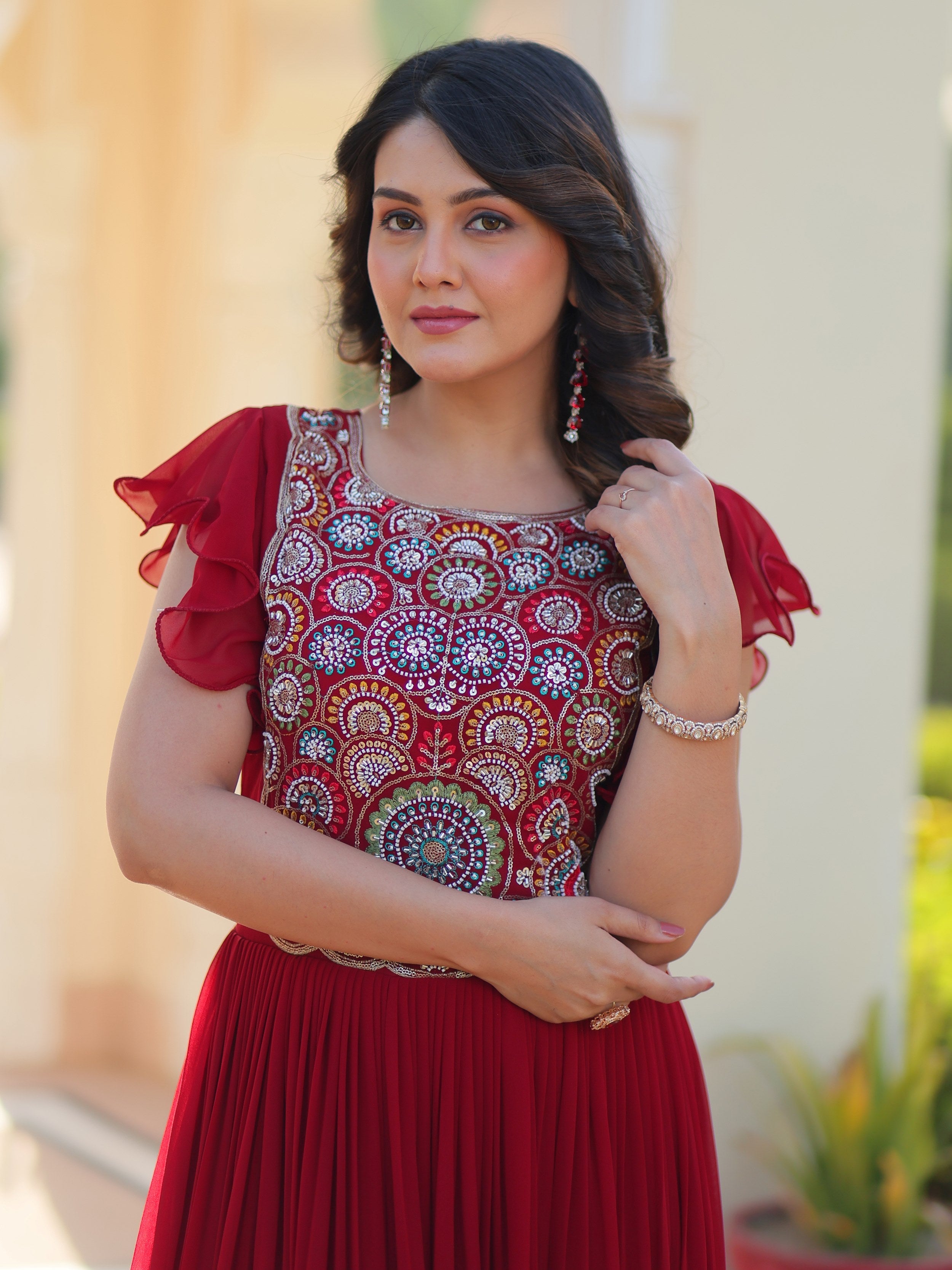 Maroon Georgette Multithread Beads and Sequins Embroidery Gown